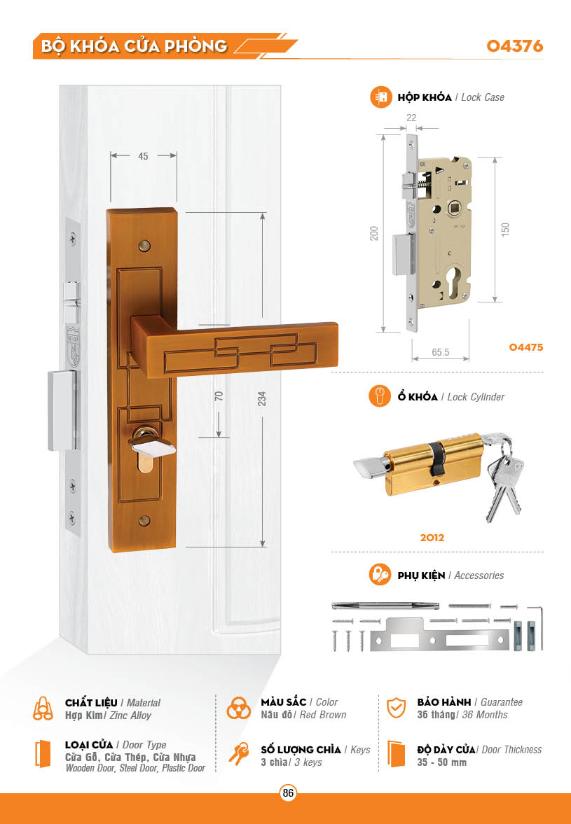 KHÓA VIỆT TIỆP 04376 - KHÓA CỬA PHÒNG ( CAM KẾT CHÍNH HÃNG)