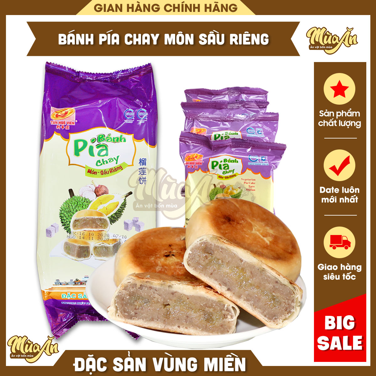 Bánh pía chay môn sầu riêng 400g, Bánh pía không trứng khoai môn Tân Huê Viên 400g