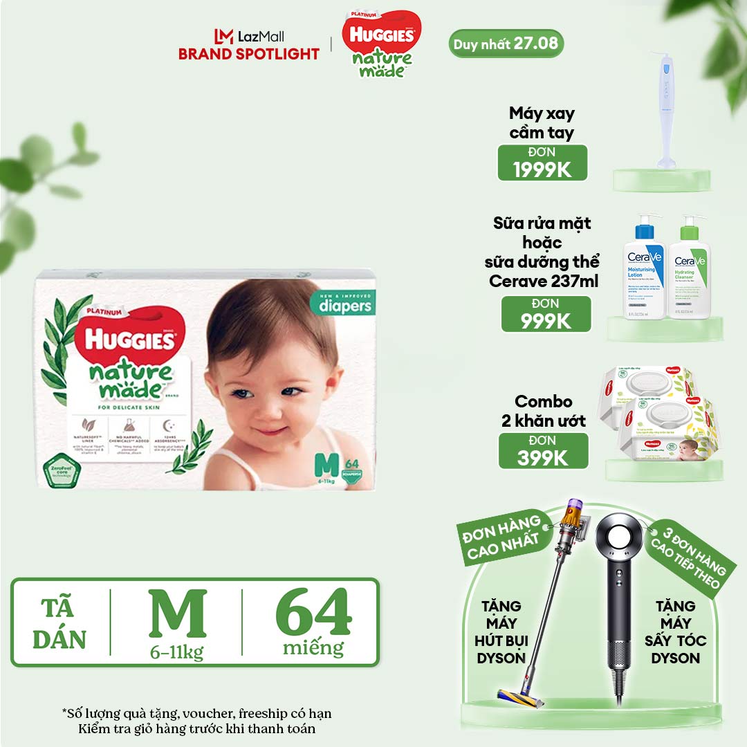 [CHỈ 27.8 GIẢM THÊM 40K] Tã/Bỉm dán HUGGIES PLATINUM NatureMade M64 (6-11kg)-Gói Jumbo 64 miếng