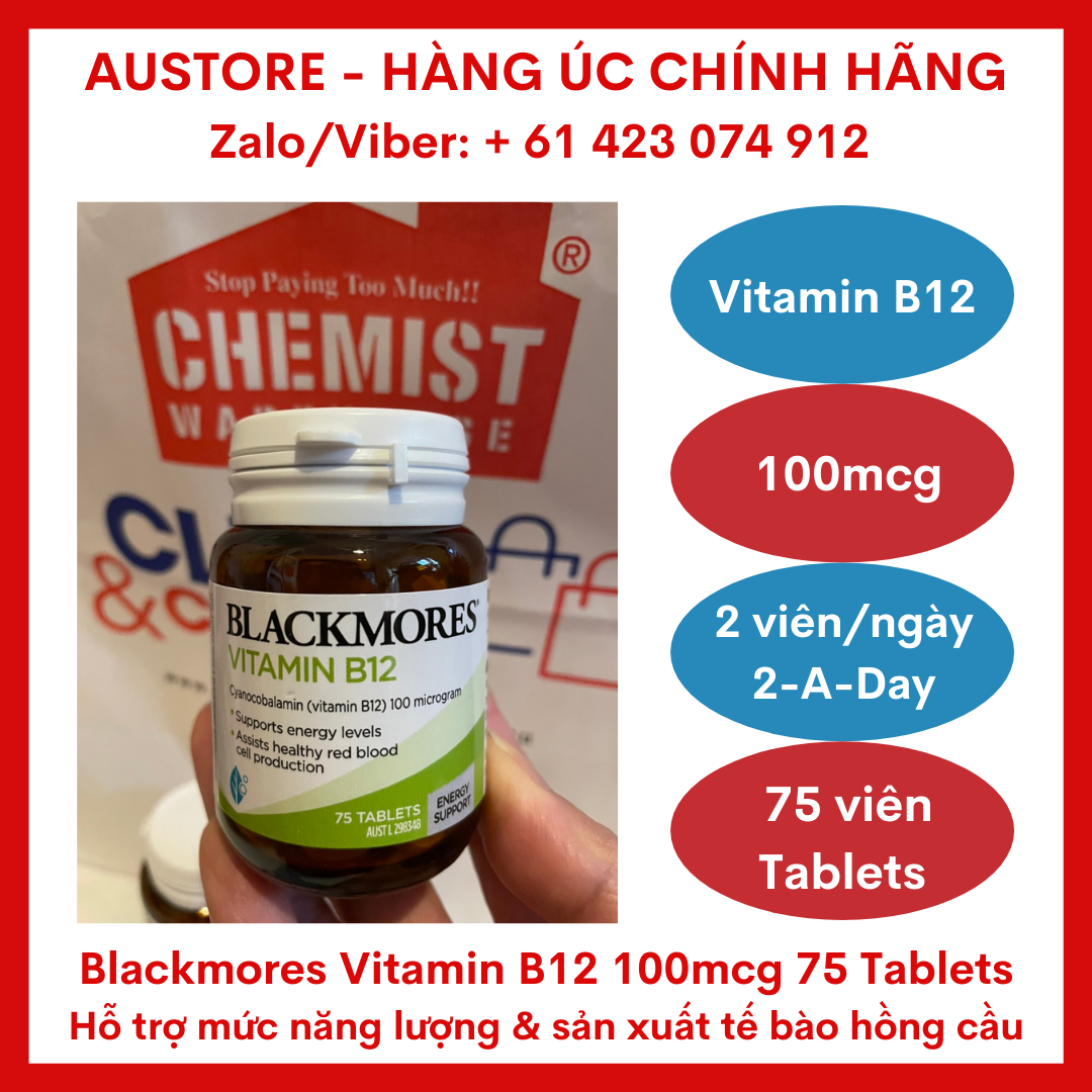 [Bill Úc, Date mới] Viên uống bổ sung vitamin B12 Blackmores Vitamin B12 (Cyanocobalamin) 100mcg 75 Tablets