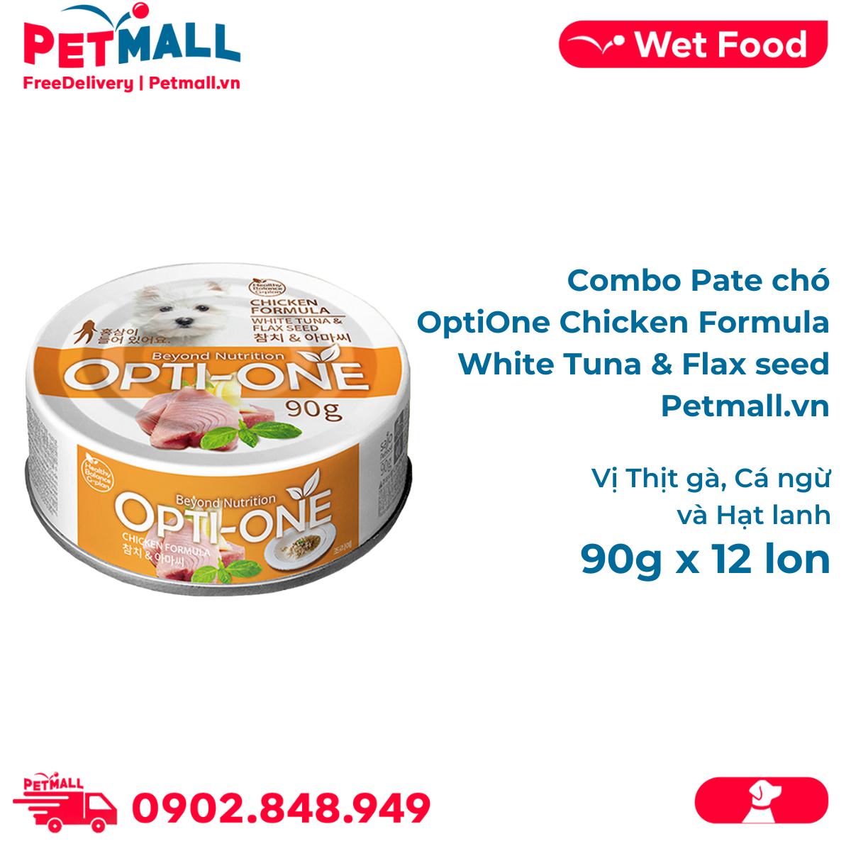 Combo Pate chó OptiOne Chicken Formula White Tuna & Flax seed 90g - 12 lon - Vị thịt gà, cá ngừ và hạt lanh Petmall