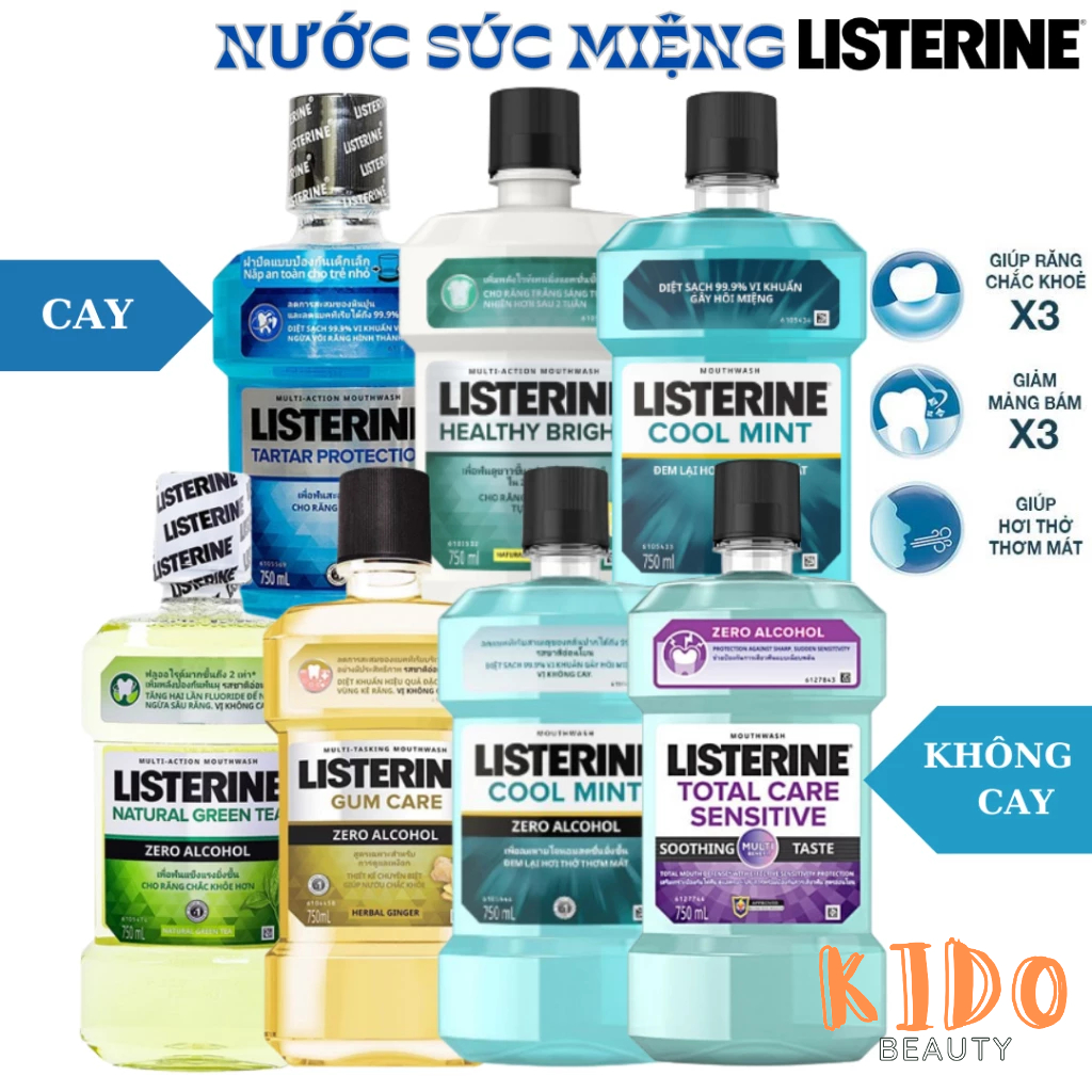 Nước súc miệng listerine cool mint zero/gum/green tea/tartar 250ml 750ml xúc miệng họng thơm miệng, trắng răng