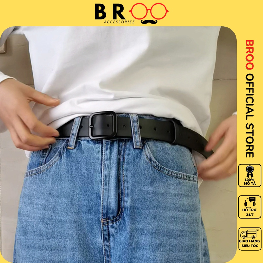 Thắt lưng BROO mặt vuông đen unisex phong cách basic, dây nịt lưng da pu bản 3.3cm cho nam nữ