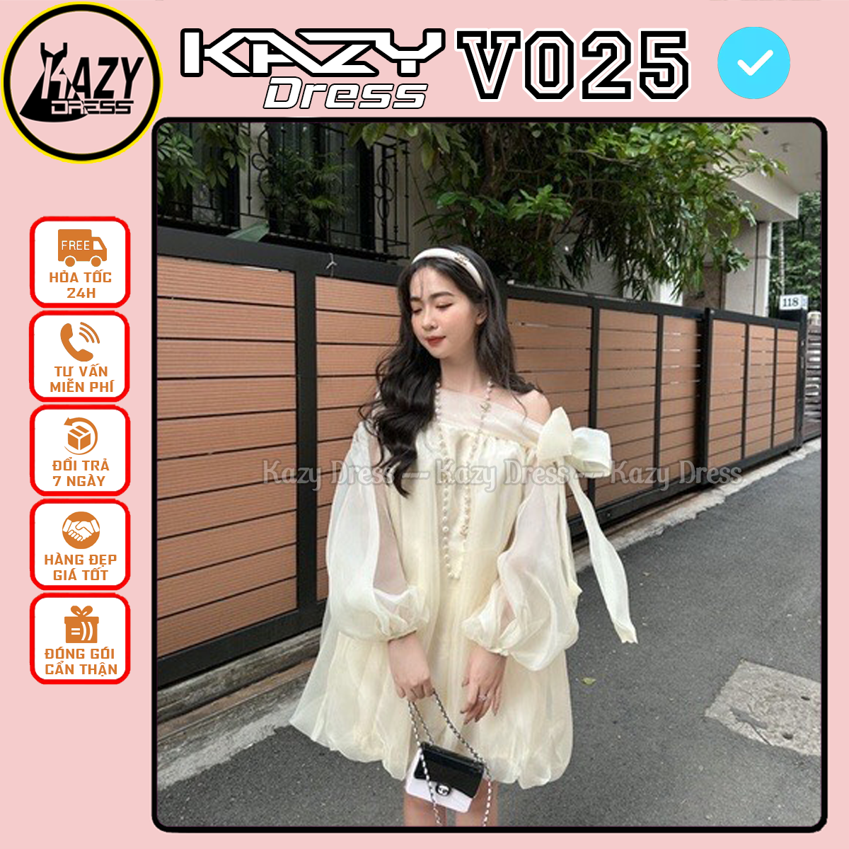 Váy trễ vai thắt nơ xinh xắn, đầm trễ vai tiểu thư phong cách hàn quốc kazy dress v025