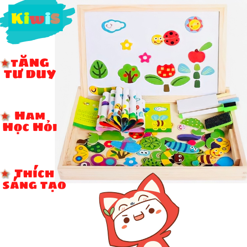Đồ chơi ghép hình nam châm bằng gỗ. Hộp ghép tranh kèm bảng từ, bảng vẽ giúp bé sáng tạo tranh với chủ đề nông trại và động vật