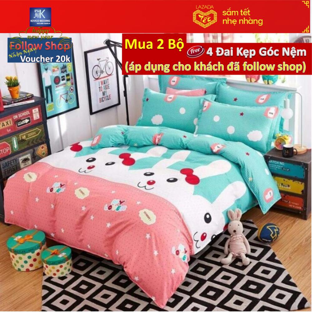 Bộ chăn ga gối poly thỏ trắng 1m6x2m