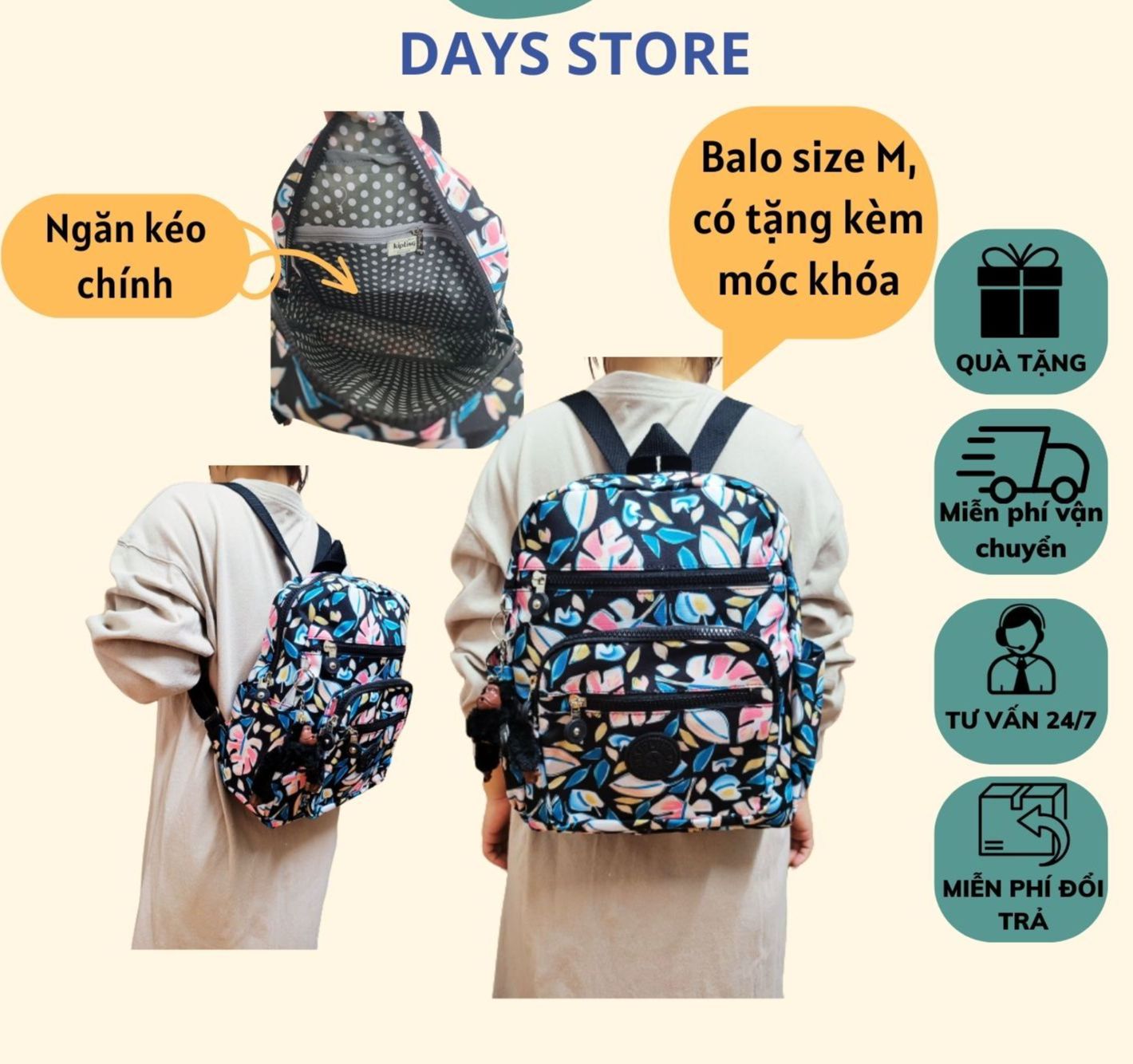 Balo vải kipling kl168, tặng kèm móc khóa con khỉ, balo chất liệu vải dù kháng nước, kt 25x31x10cm