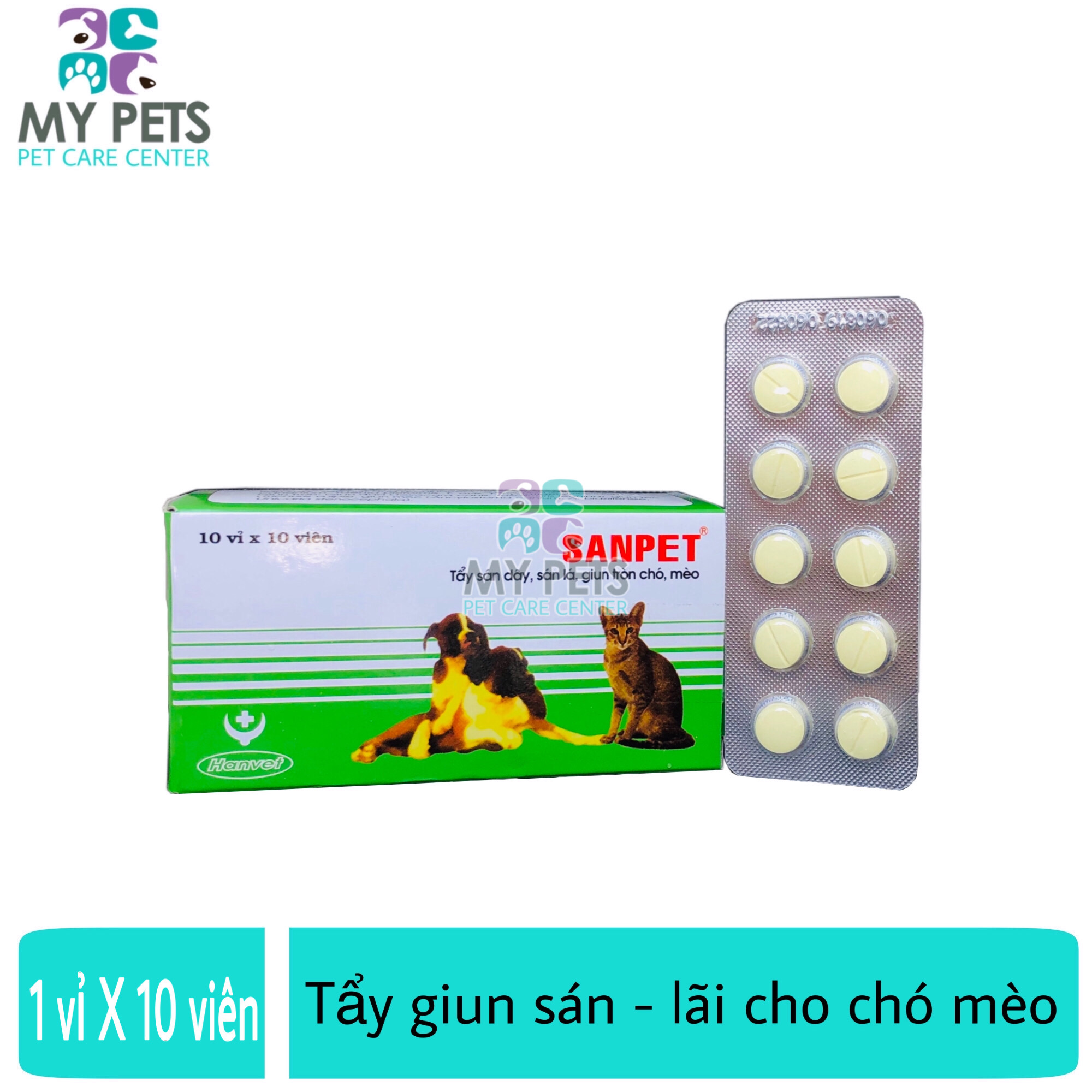  Thuốc tẩy giun sán - lãi cho chó mèo - 1 vỉ 10 viên Hanvet Sanpet 
