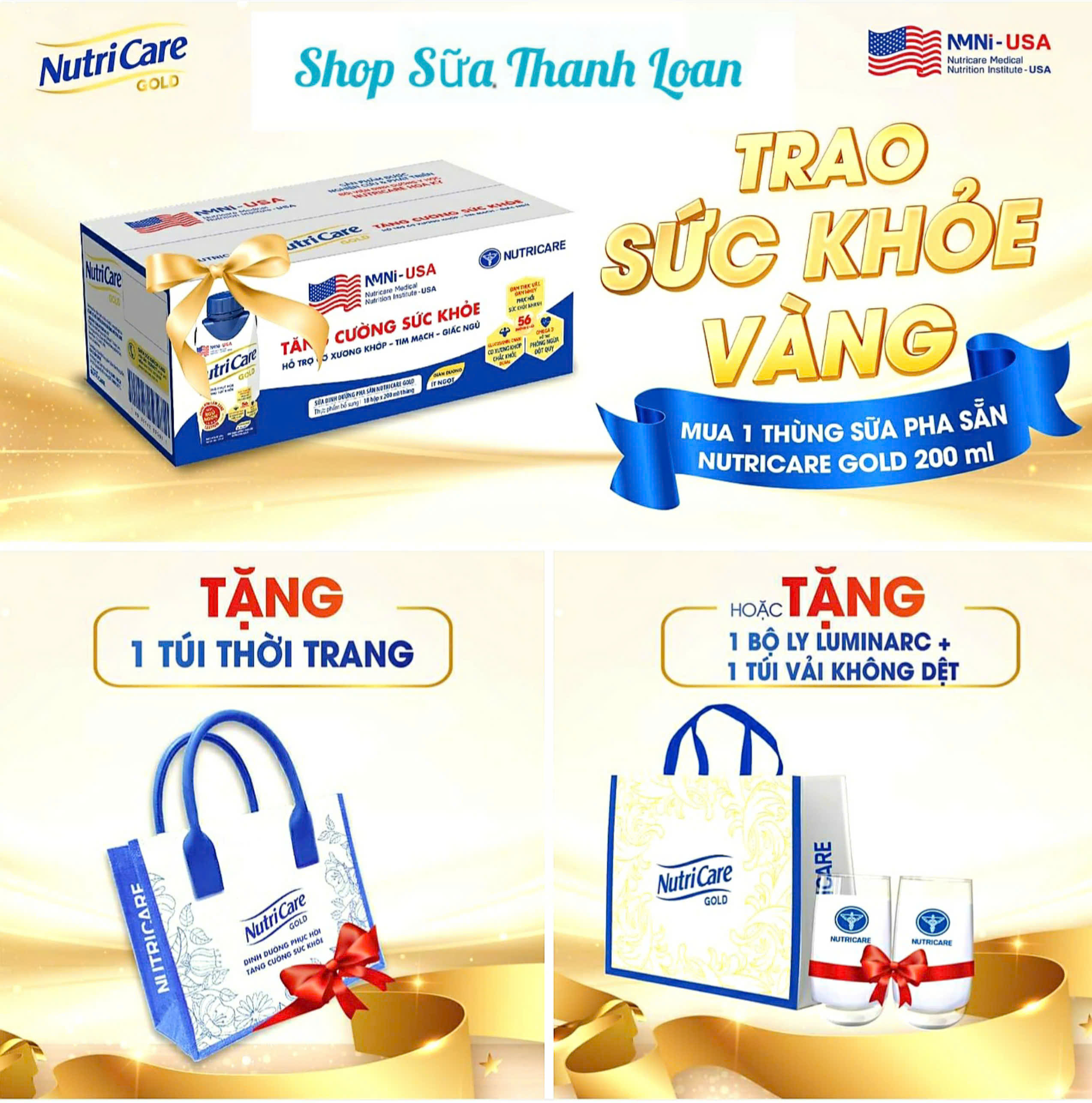 (HSD T9-2026) (Lựa Chọn Quà Tặng) Sữa Dinh Dưỡng Pha Sẵn Nutricare Gold (18 hộp x 200ml/thùng).