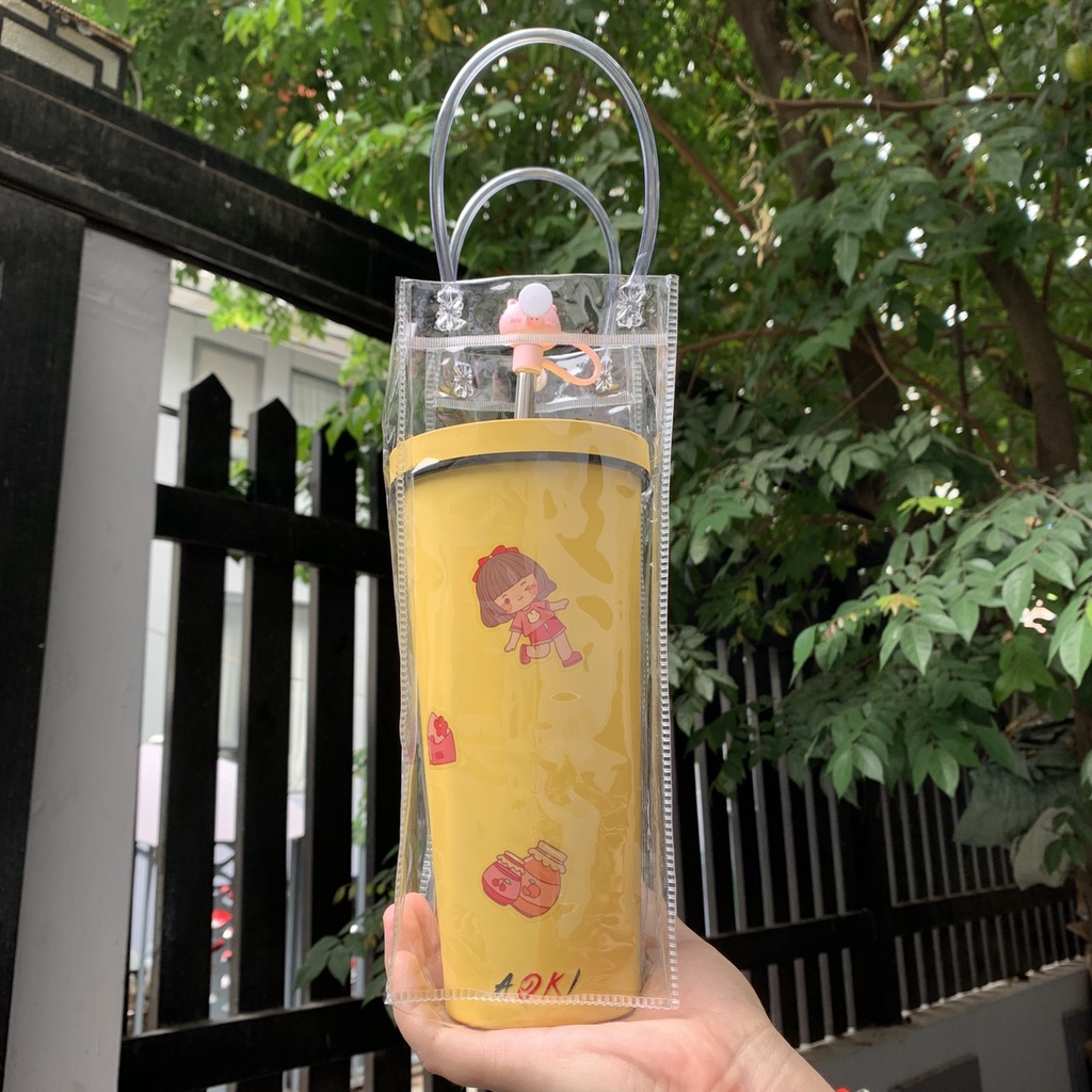 Túi trong suốt đựng bình giữ nhiệt Fan House bình giữ nhiệt khắc tên theo yêu cầu tặng Sticker trang trí