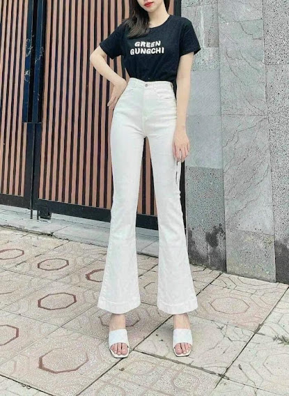 Quần jeans nữ ống loe dài màu trắng co giãn tốt, lưng cao nâng mông tôn dáng