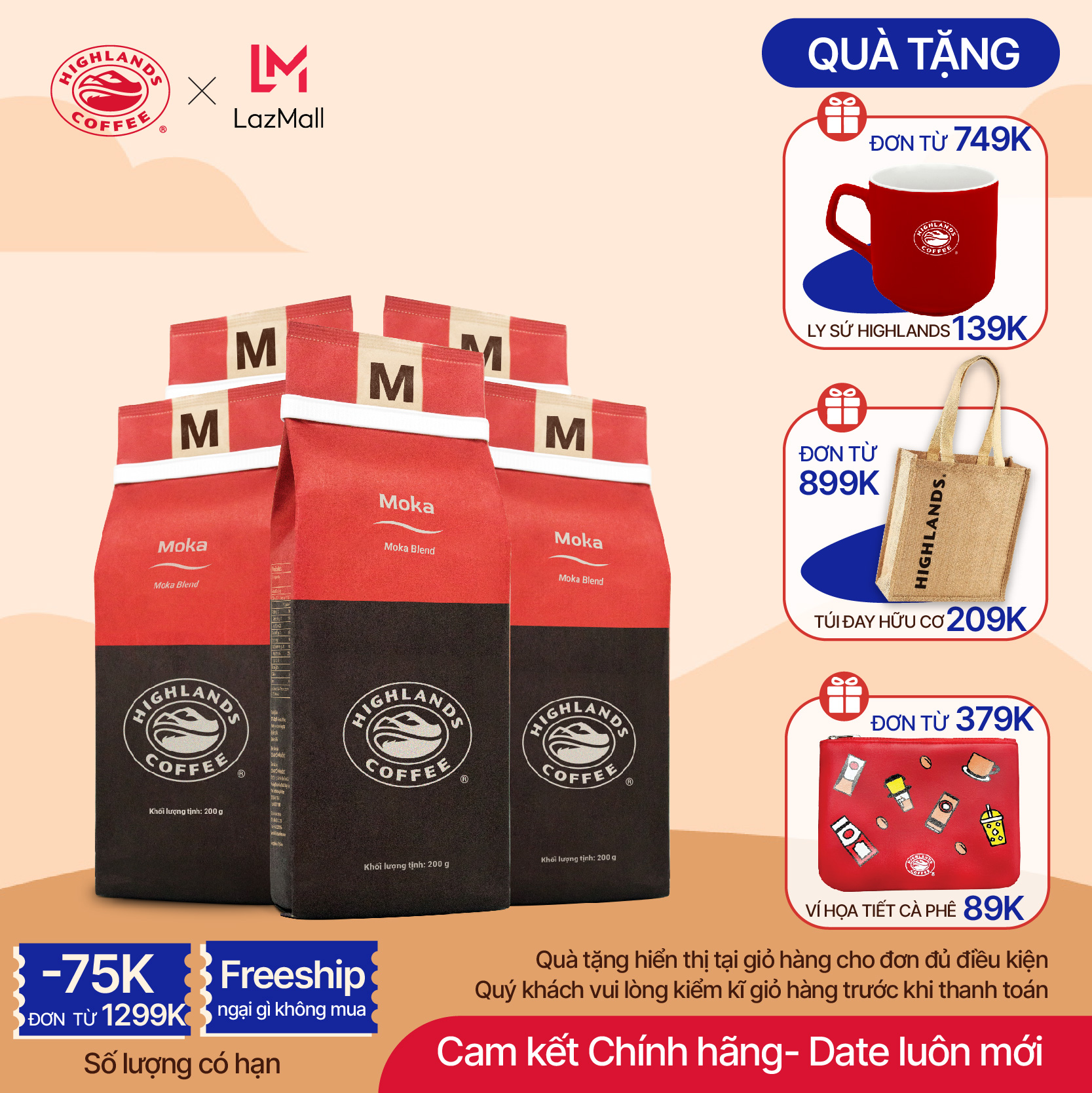 Combo 5 Cà phê rang xay Moka Highlands Coffee 200g