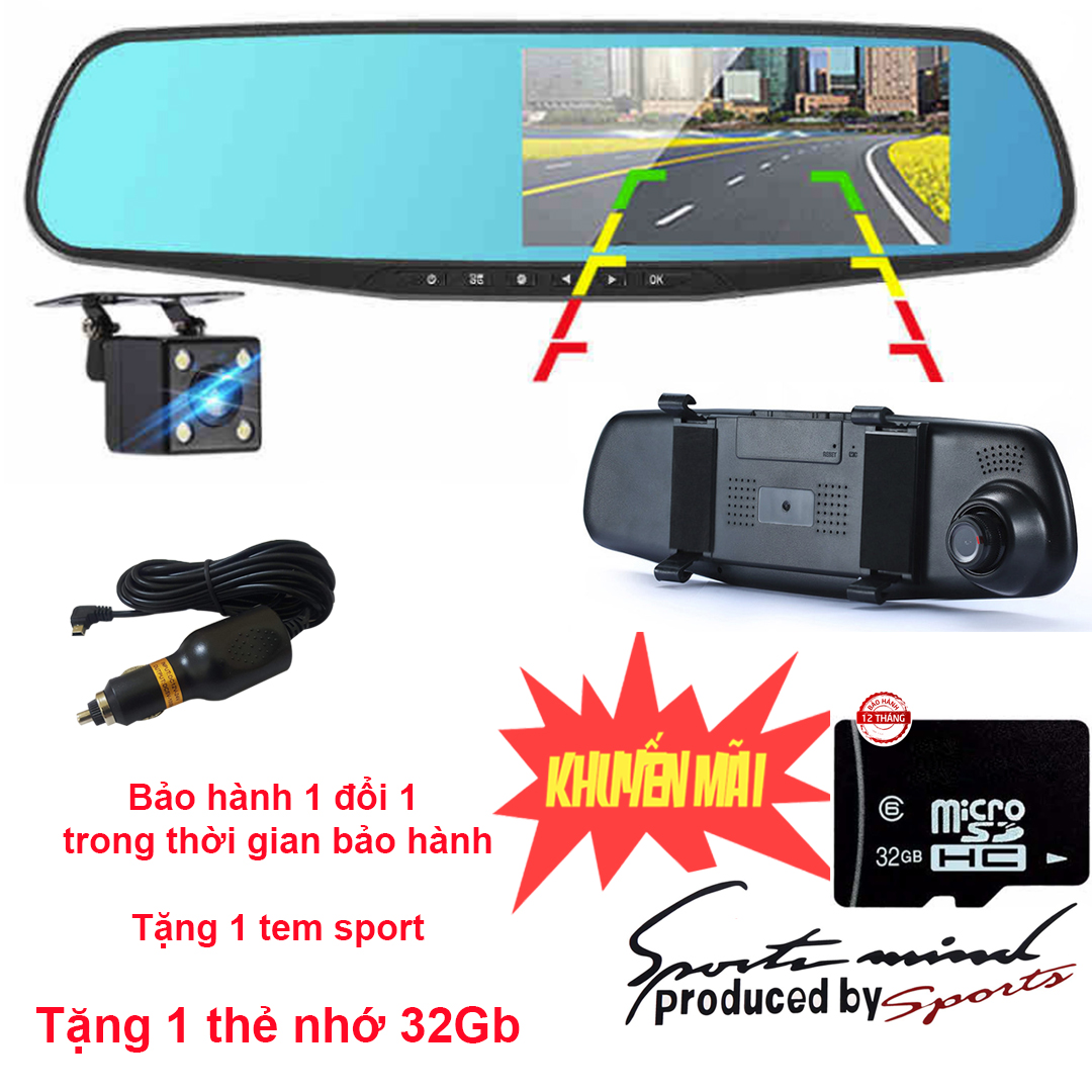 Camera hành trình ô tô, kẹp gương chiếu hậu, màn hình 4.3inch, Kèm camera lùi Vehicle BlackBox, ghi hình FullHD 1080P, tặng thẻ 32Gb, camera hành trình, camera lùi dành cho xe hơi, xe ô tô.