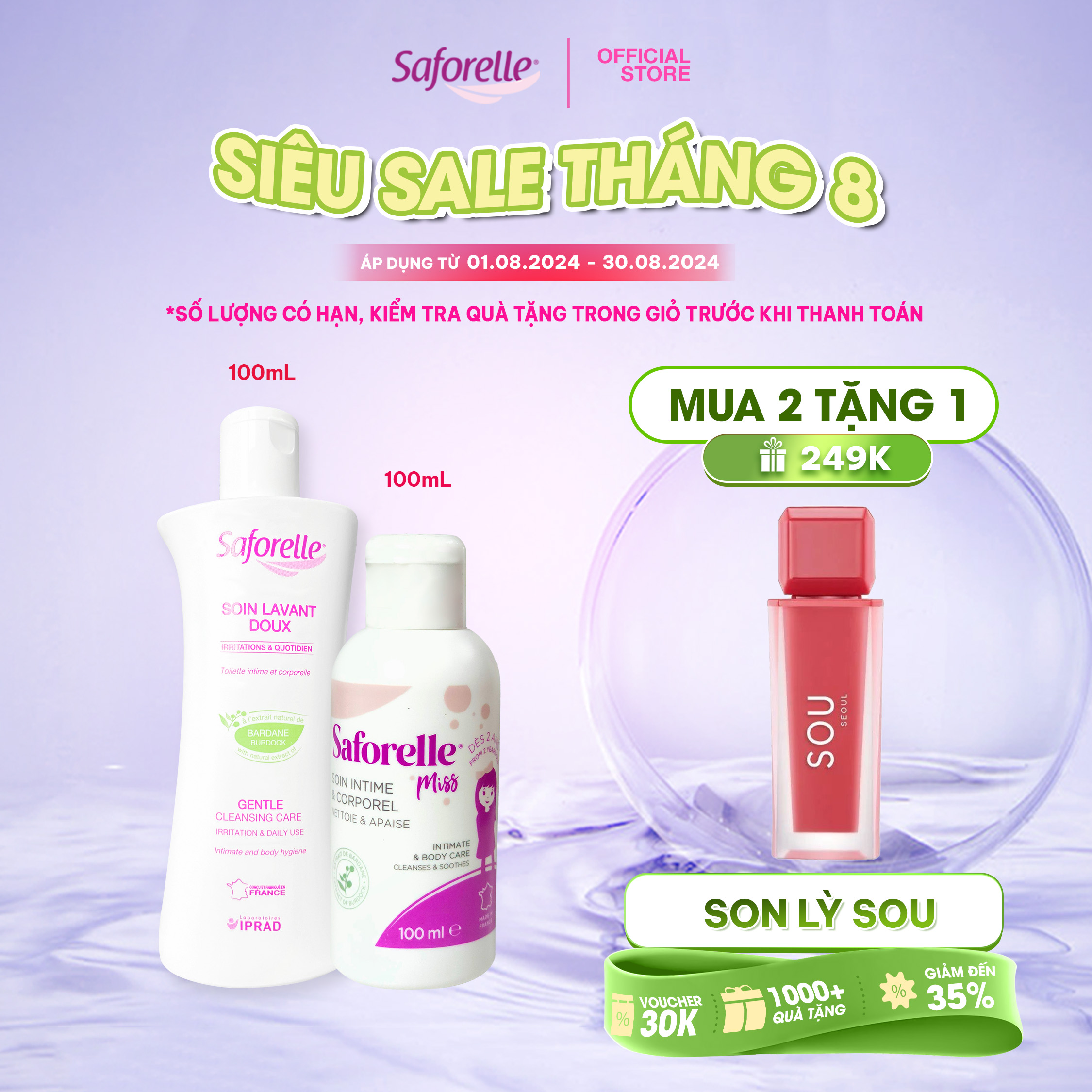 Bộ Dung dịch vệ sinh phụ nữ Saforelle Gentle Cleansing Care 100ml+ Dung dịch vệ sinh cho Bé gái Saforelle Miss 100ml