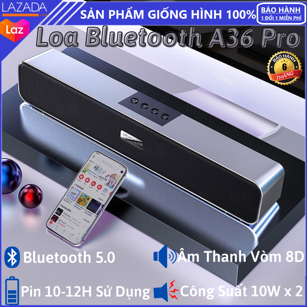 Loa bluetooth nghe nhạc A36 Pro - Âm thanh vòm 8D Pin sử dụng 10-12 giờ liên tục Bluetooth 5.0 Công suất lớn 20W Bảo hành 6 tháng loa bluetooth giá rẻ Loa bluetooth bass mạnh loa bloutooth loa bluetooth mini giá rẻ loa bluetooth