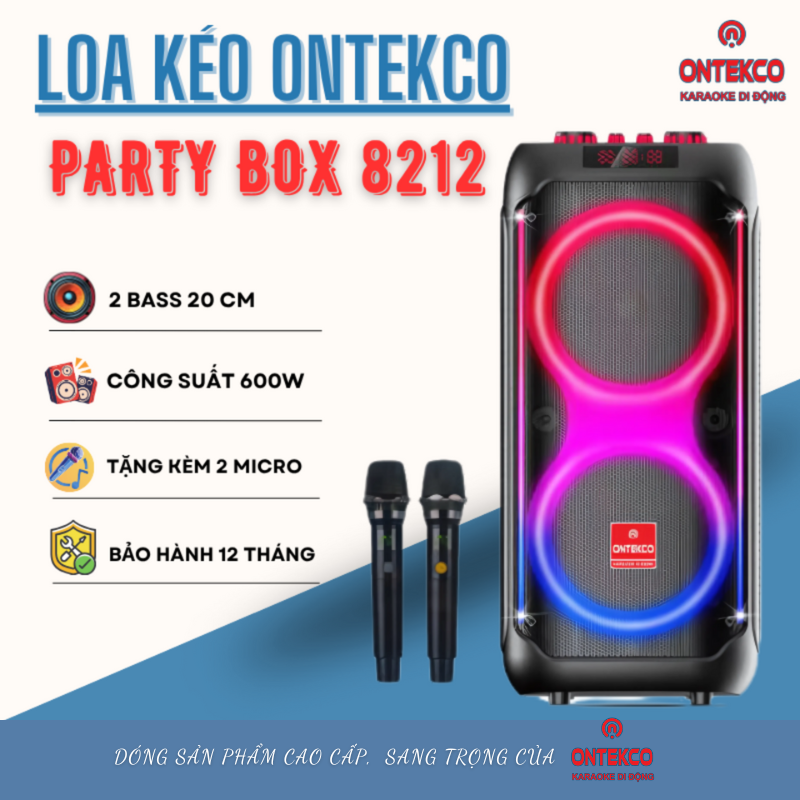 Loa kéo ONTEKCO bluetooth Partybox 8212 CỐNG SUẤT 400W tặng kèm 2 tay mic UHF, hát karaoke trong nhà ngoài trời