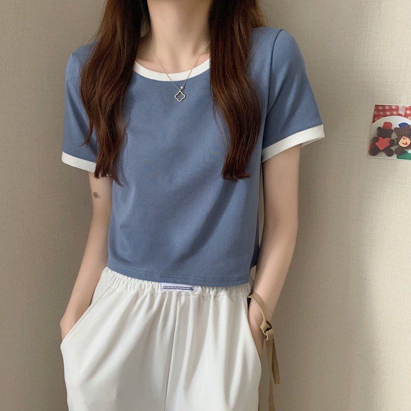 Áo Thun Nữ T-shirt cổ tròn tay áo ngắn thon gọn chất vải cotton màu sắc tương phản, thời trang mùa hè 2023, áo mặc mùa hè