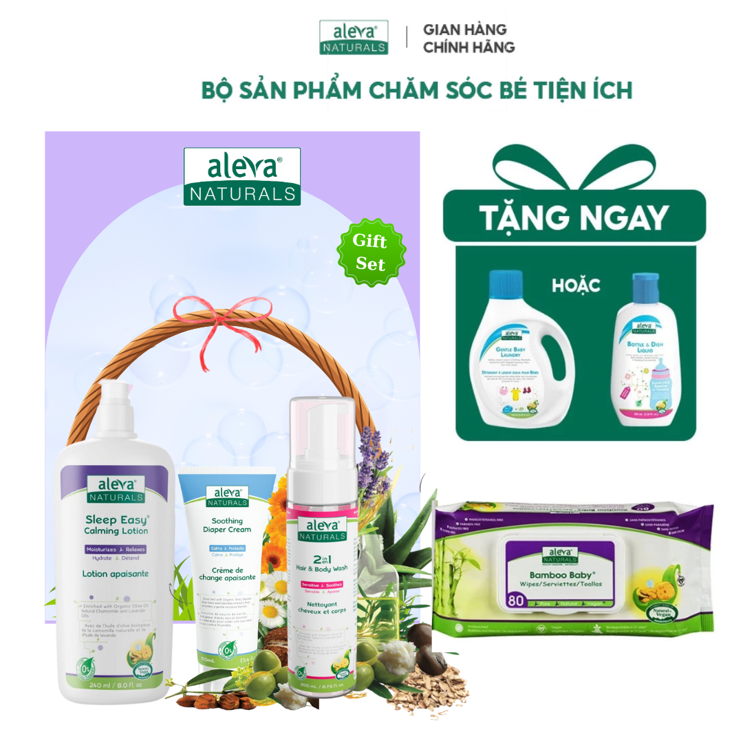 Combo tắm gội, dưỡng ẩm, làm mịn da giúp bé ngủ ngon Aleva Naturals