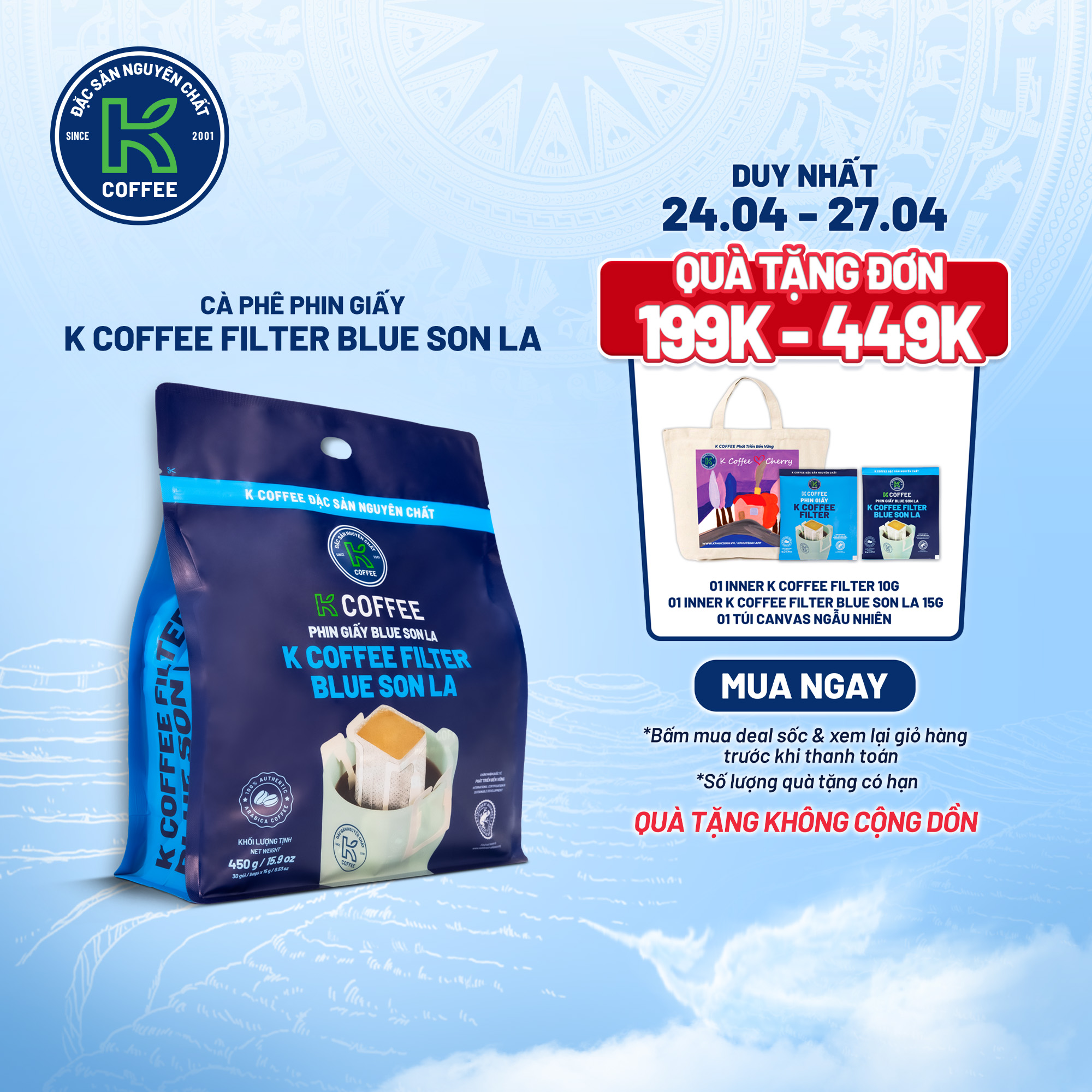 Cà Phê Phin Giấy 100% cà phê Arabica K Coffee Filter Blue Son La 450g  - Thương Hiệu K COFFEE
