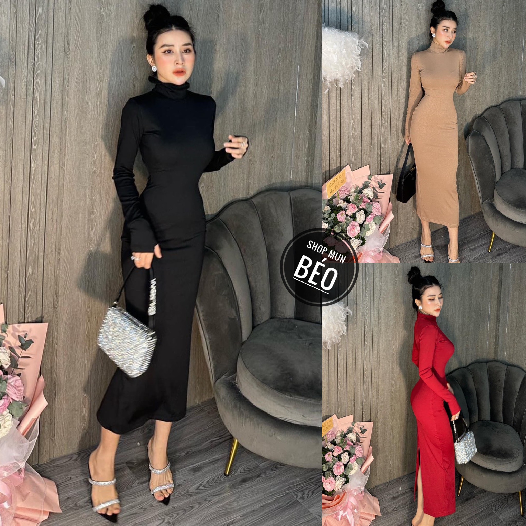 Đầm body tay dài cổ lọ xẻ sau chất thun dẻo thích hợp mặc đi làm đi chơi phù hợp với mọi phong cách