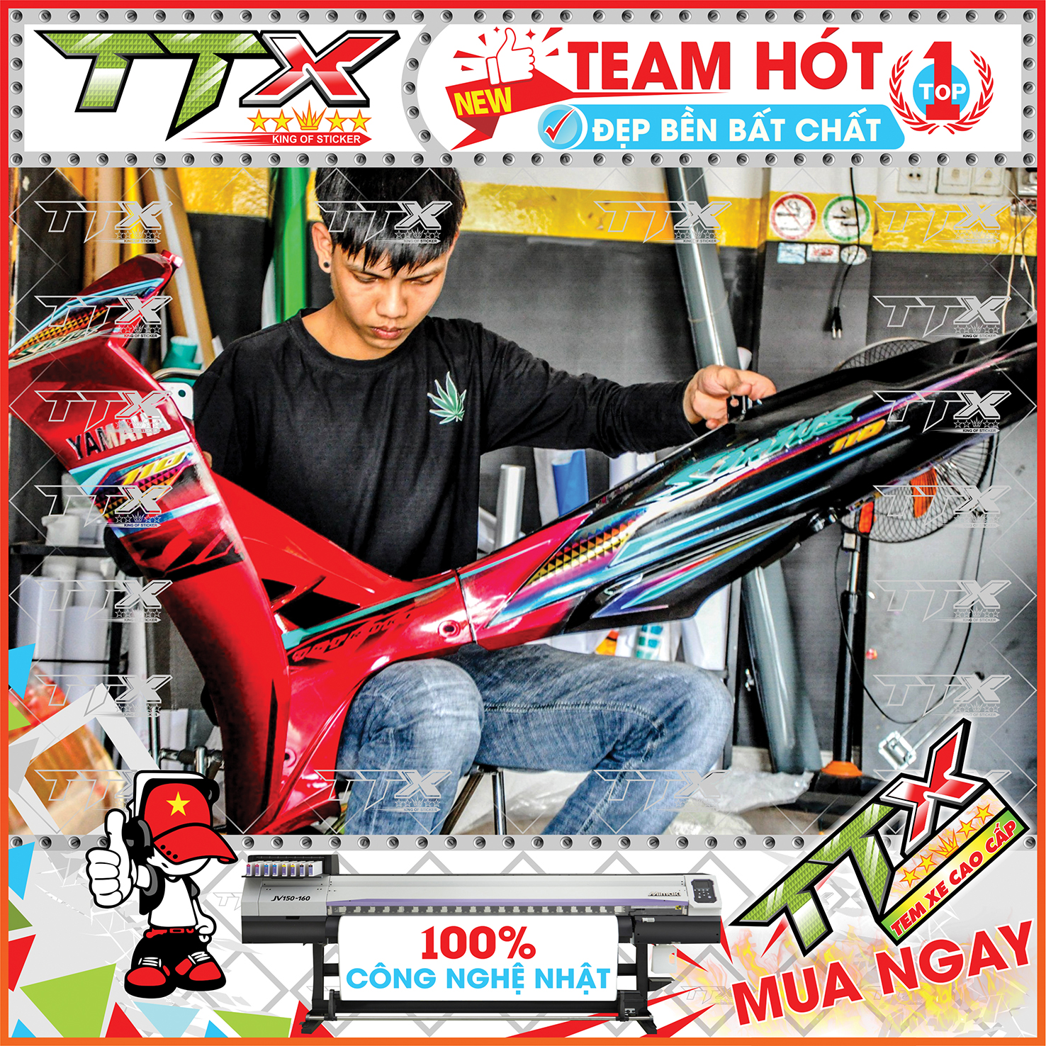 Tem rời sirius110 tam giác titan , Team chế sirius dán xe màu đỏ nền đen siêu đẹp , Shop TTX Tem xe sirius