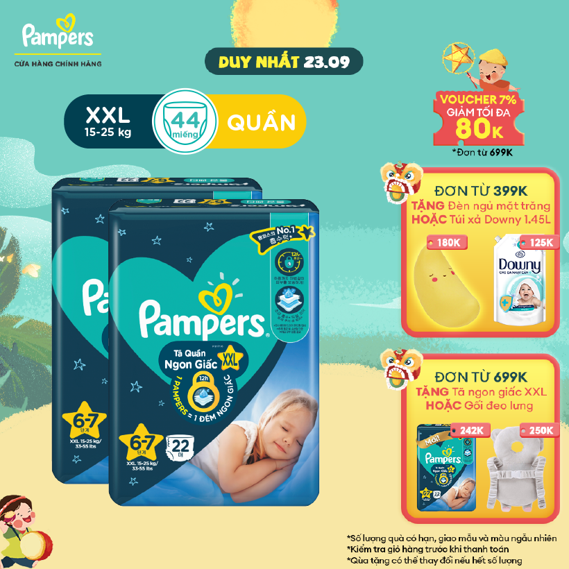 Combo 2 Tã/ Bỉm Quần PAMPERS Ngon Giấc Size XXL Khô Thoáng Suốt Đêm