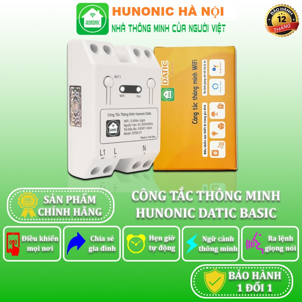 Công Tắc Datic Bassic Wifi Thông Minh Hunonic, Điều Khiển Trên Điện Thoại, Hẹn Giờ Tự Động