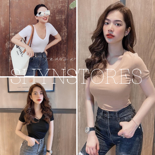 Áo thun nữ Shynstores - áo thun body cổ tim form ôm vải cao cấp freeship
