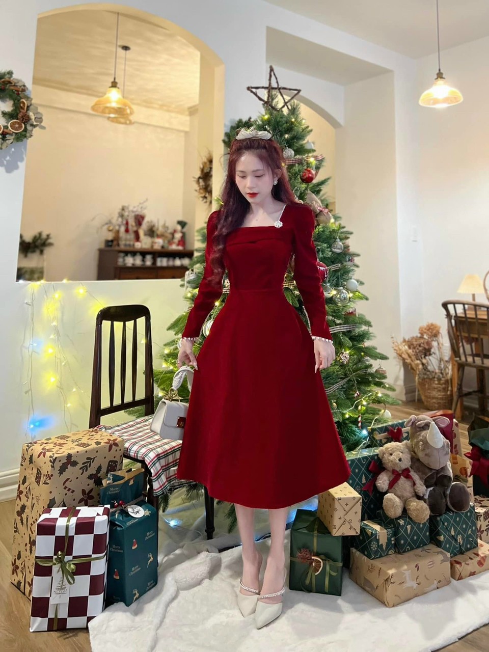Đầm váy nữ dáng xòe cổ vuông tay phồng chất nhung cứng cao cấp sang xịn mịn dxs