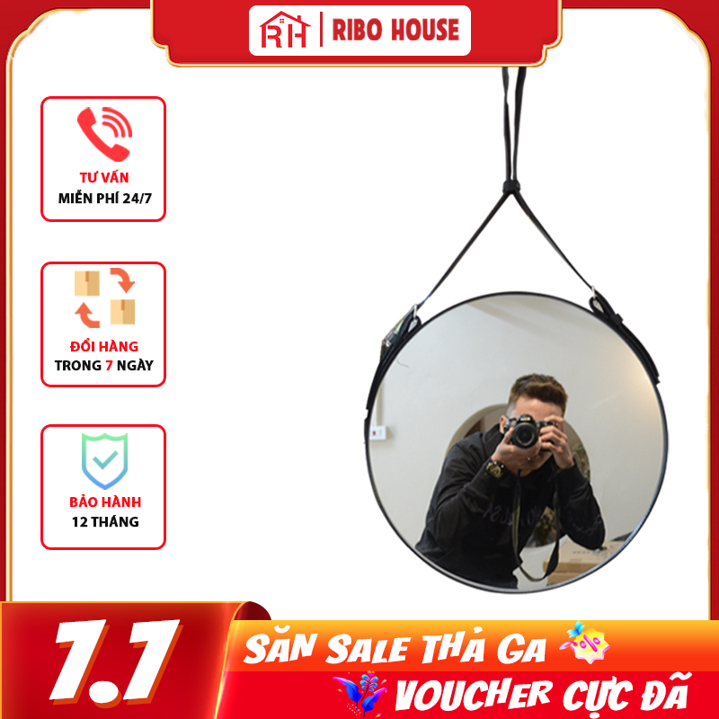 Gương tròn treo tường RIBO HOUSE mặt kính cường lực, dây da, nội thất trang trí phòng ngủ đường kính D40cm RIBO41