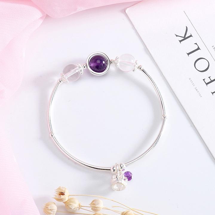 Lắc tay đá thạch anh tím phối đá thạch anh trắng tự nhiên đơn giản cho nữ