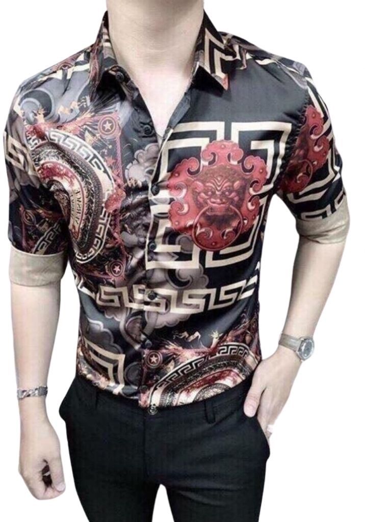 ÁO SƠ MI NAM NỮ 3D LỤA TRƠN CAO CẤP BI Hoa VĂN ĐỎ  TS 11 JET TS