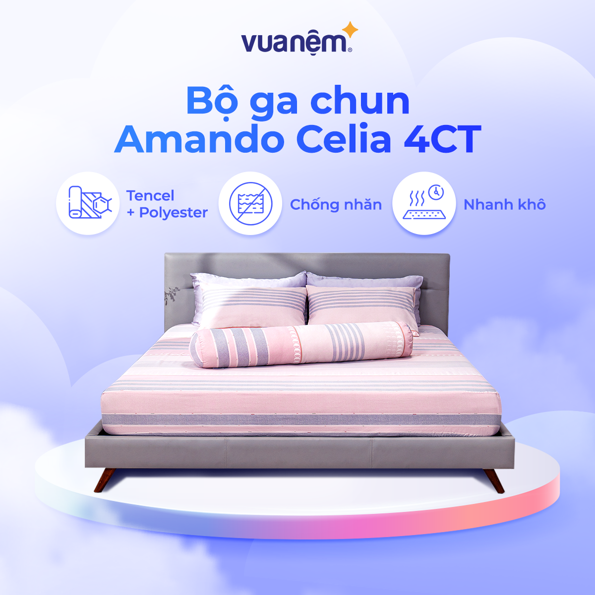 Bộ ga chun tencel Amando Celia 4CT thoáng mát, chống nhăn hiệu quả, nhanh khô sau khi giặt