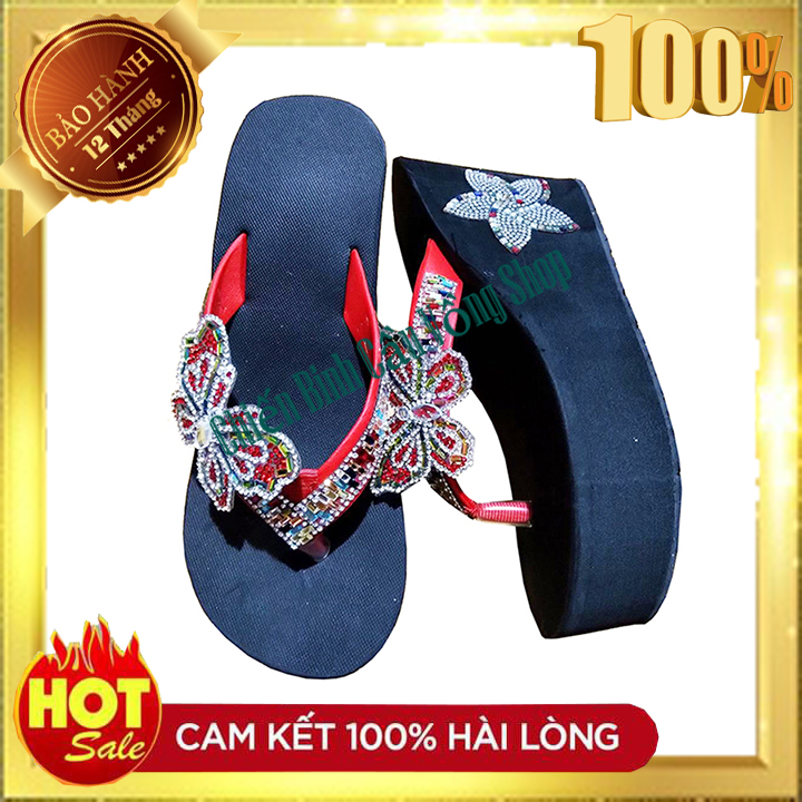 Dép kẹp bướm ngũ sắc dán gót hoa cao 10cm - Dép nữ - dép xỏ ngón - Giày nữ
