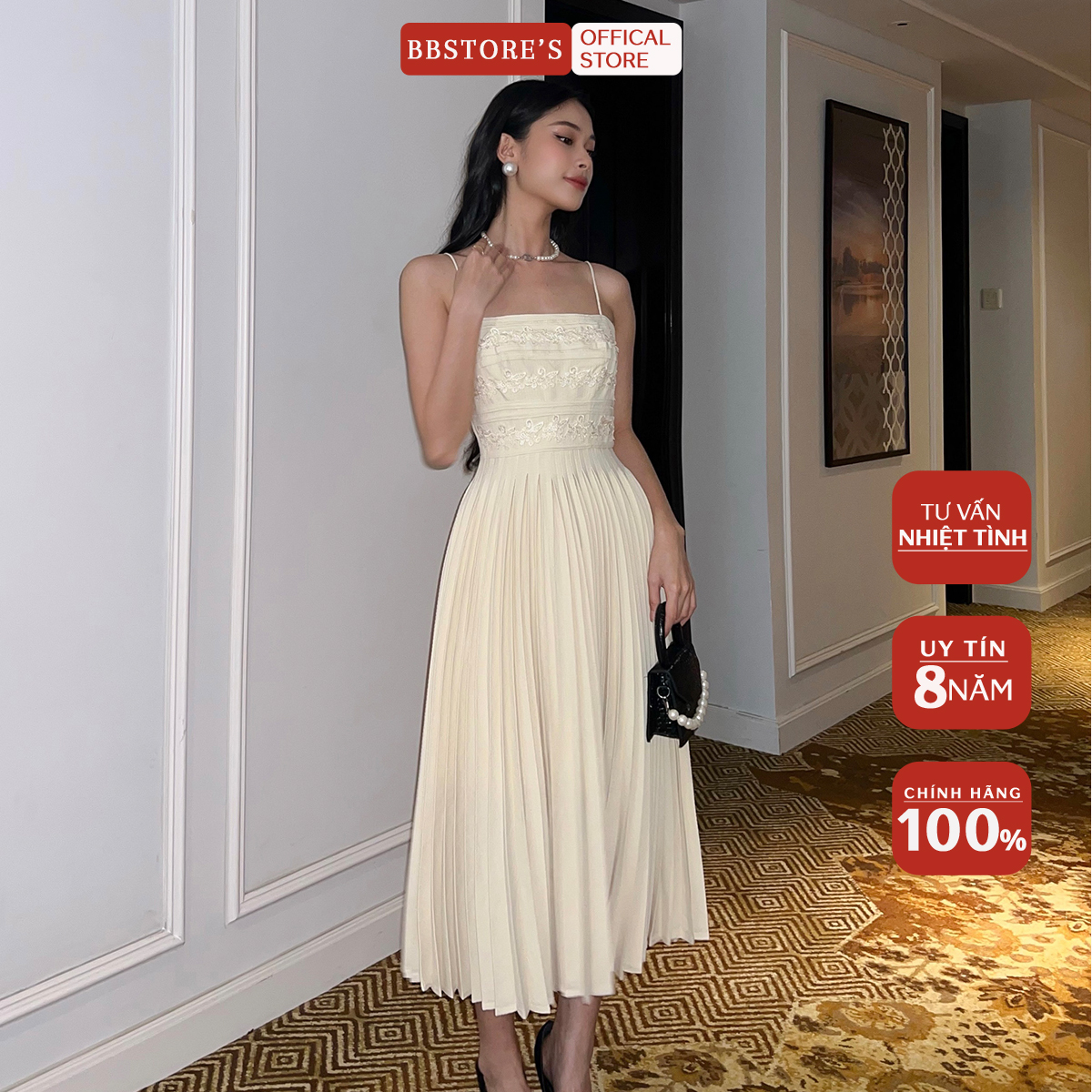 Bbstore's đầm xòe hai dây dự tiệc xếp ly -d1342