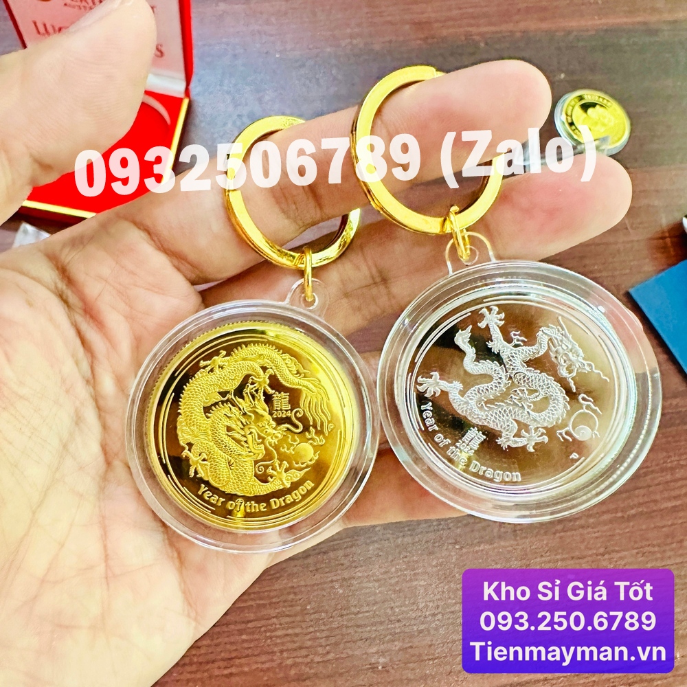 Cặp Móc Khóa Xu Úc Hình Con Rồng Vàng Bạc; Màu: Niken mạ vàng và bạc; Đường kính của móc khóa đồng xu là 5cm-TMT Collection-SP005032