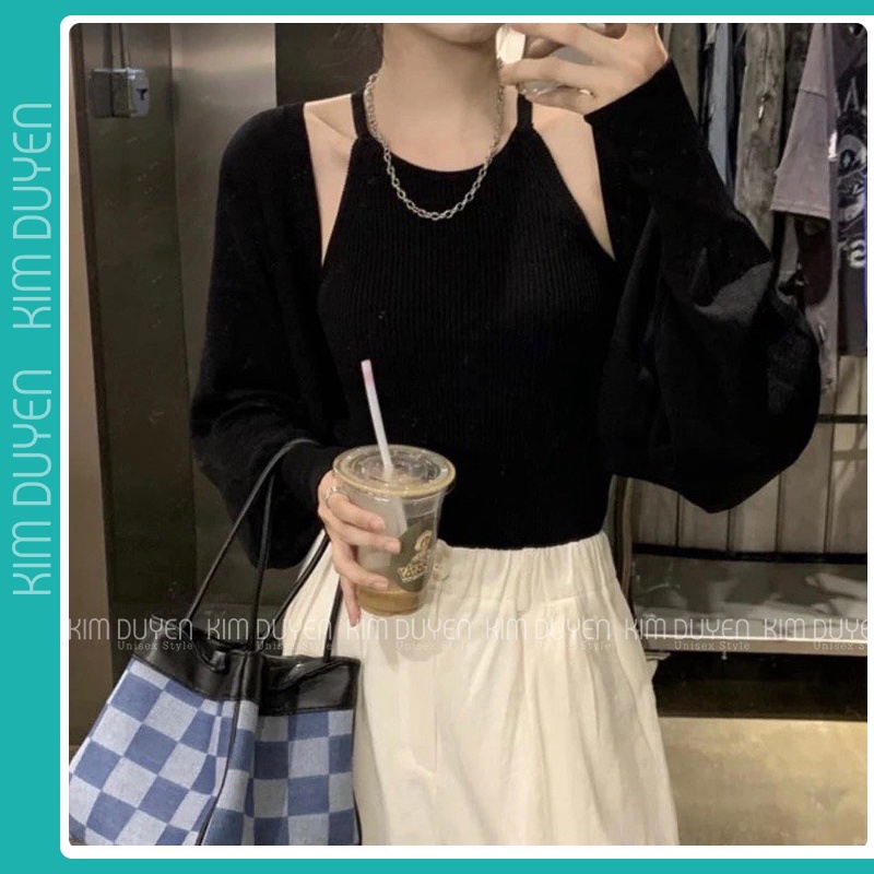Set Crop Tay Bồng Siêu Yêu - Gồm Áo Khoác Tay Bồng + Crop 2 Dây - Chất Thun Umi Tổ Ong Dày Thoáng Mát