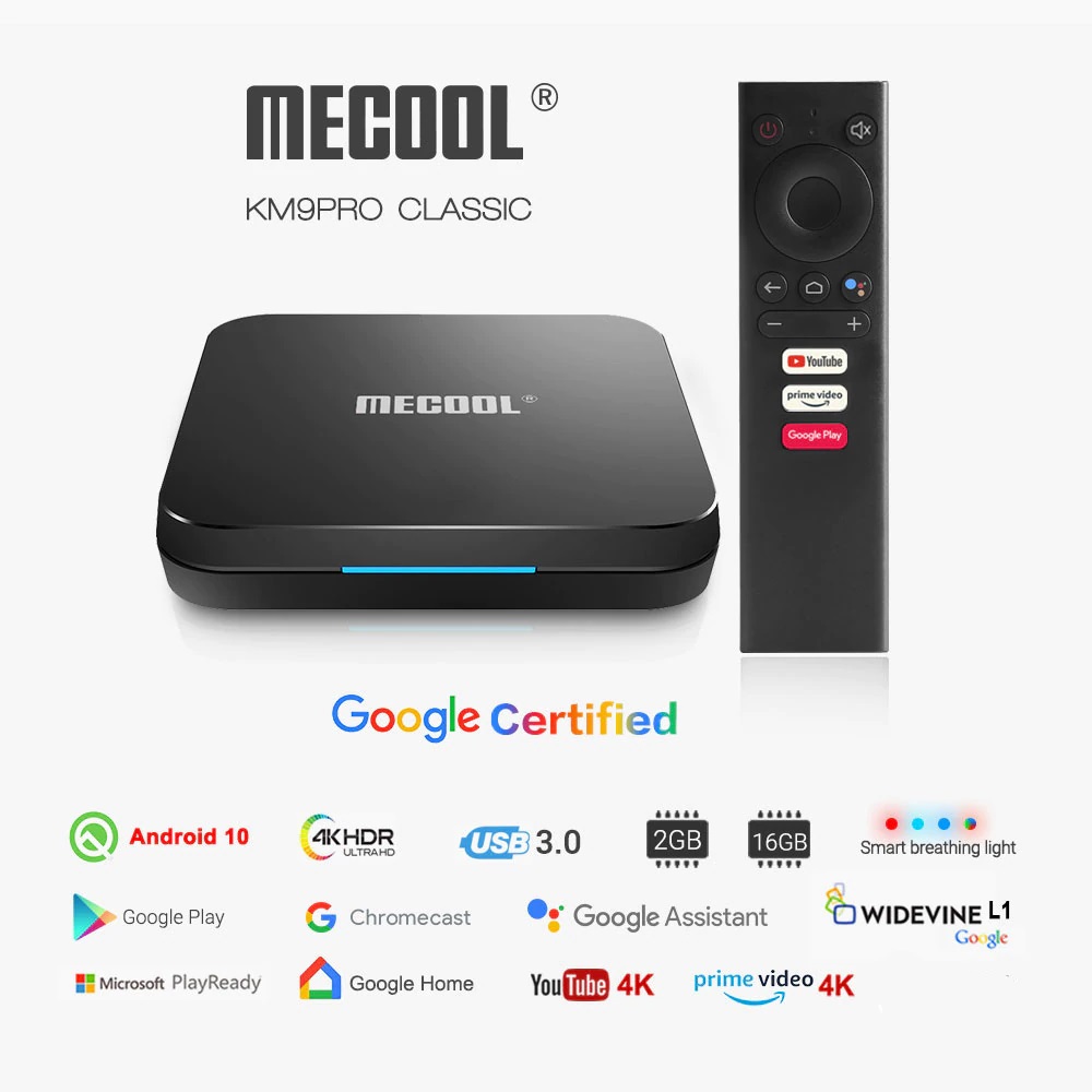 [HCM]Mecool KM9 Pro Classic Android TV 10 Chứng Chỉ Google (Google Certificate) Amlogic S905X2 Ram 2GB Bộ Nhớ Trong 16GB Remote Voice Giọng Nói Kèm Theo Box
