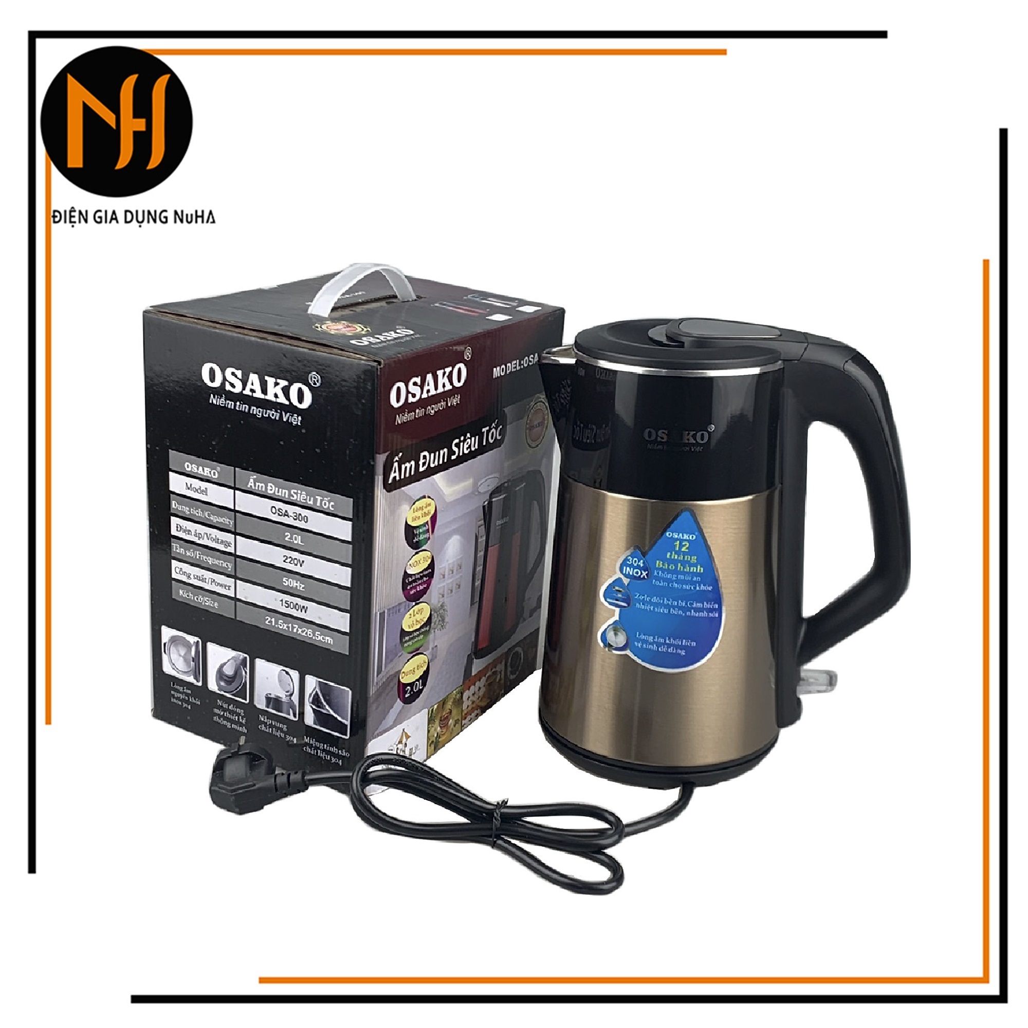 Ấm siêu tốc 2 lớp Osako OSA-300 dung tích 2L lòng ấm bằng inox 304 đúc nguyên khối màu Đồng-bảo hành 13 tháng