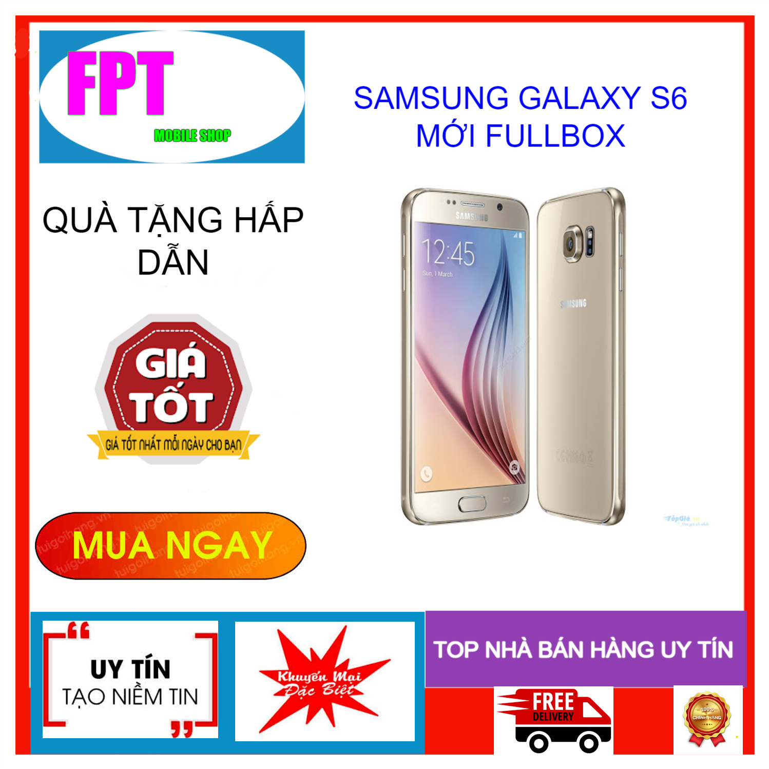 [HCM]ĐIỆN THOẠI Samsung Galaxy S6 RAM 3GB FULLBOX kích thước màn hình 5.1 inch camera CMOS 16MP hệ điều hành Android 6.0 (Marshmallow)
