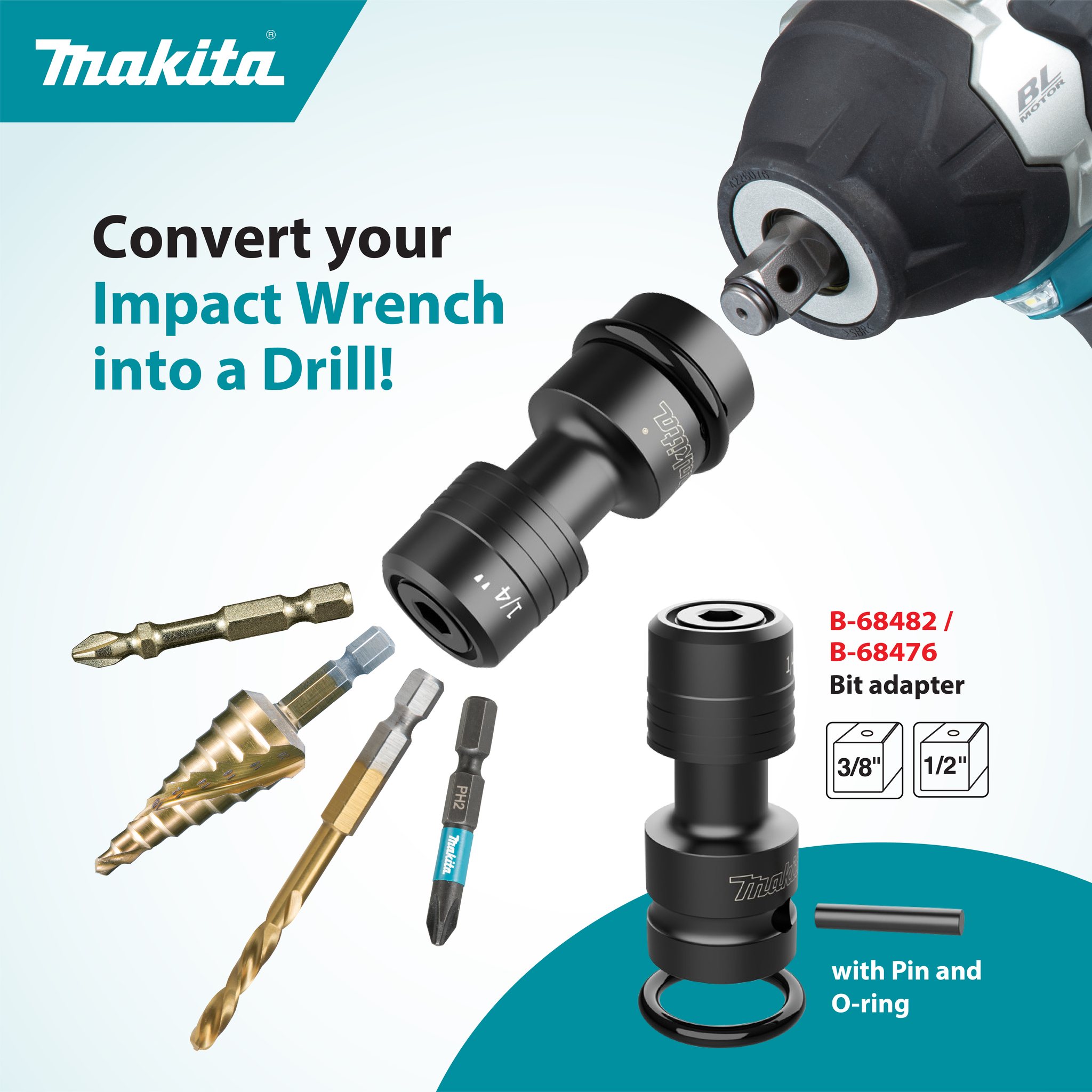 [HCM]Đầu chuyển bulong 3/8" và 1/2" sang vặn vít Makita B-68482  B-68476 - Chính Hãng BIT ADAPTER