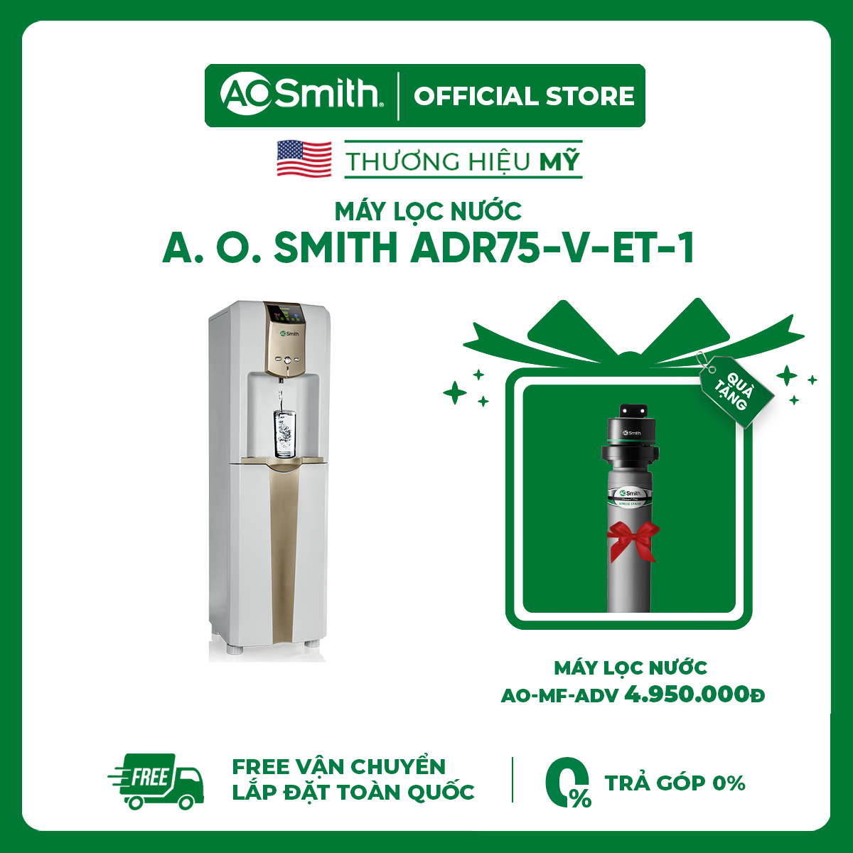 [Trả góp 0%]Máy Lọc Nước A. O. Smith ADR75-V-ET-1 - Tặng Máy Lọc Nước Micro Filter AO-MF-ADV - Chức Năng Nóng Lạnh - RO Side Stream Bản Quyền Mỹ  - Tuổi Thọ RO 3 Năm - Free Shipping