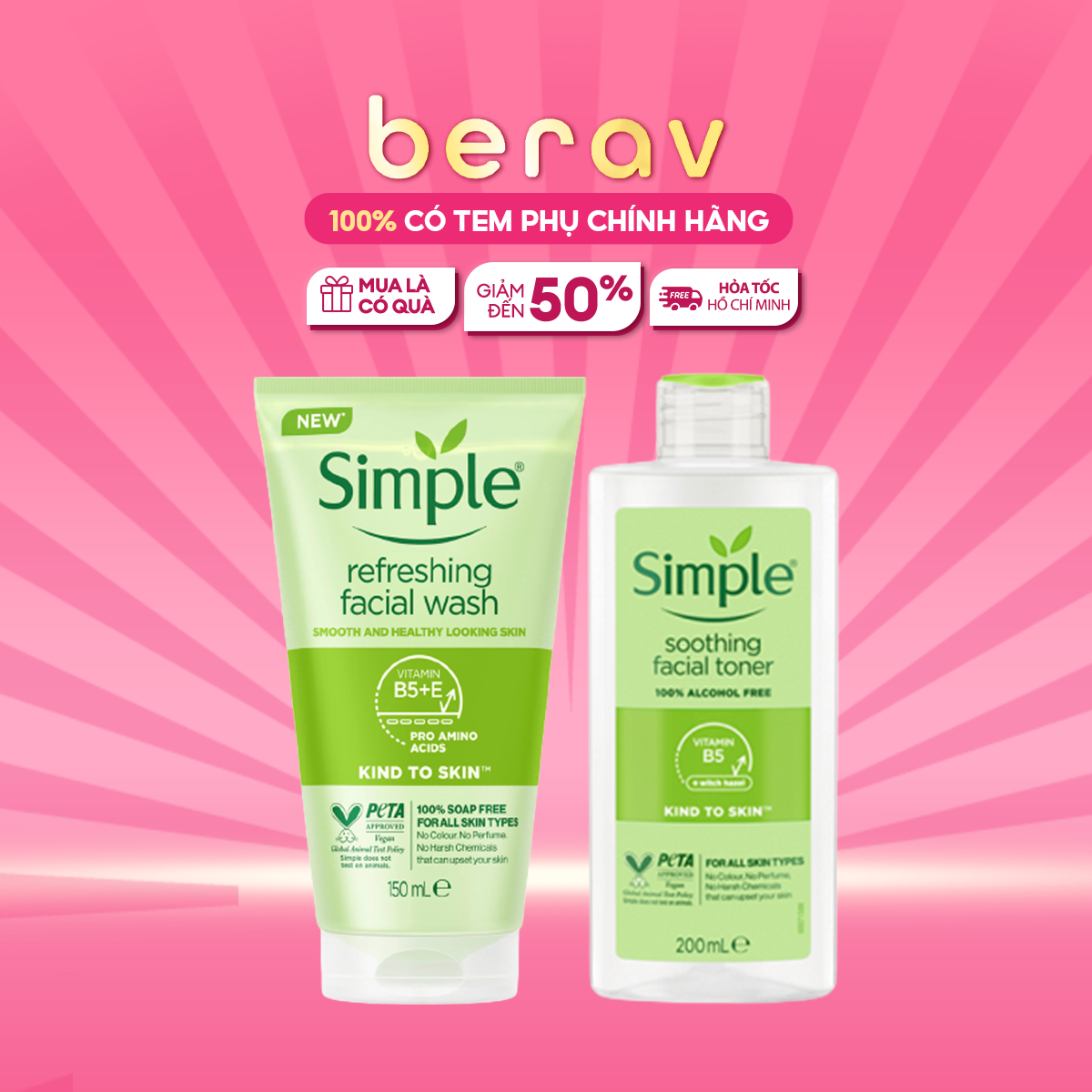 [XL] Combo SIMPLE Nước Hoa Hồng Toner 200ml + Sữa Rửa Mặt Dịu Nhẹ Refreshing Facial Wash 150ml