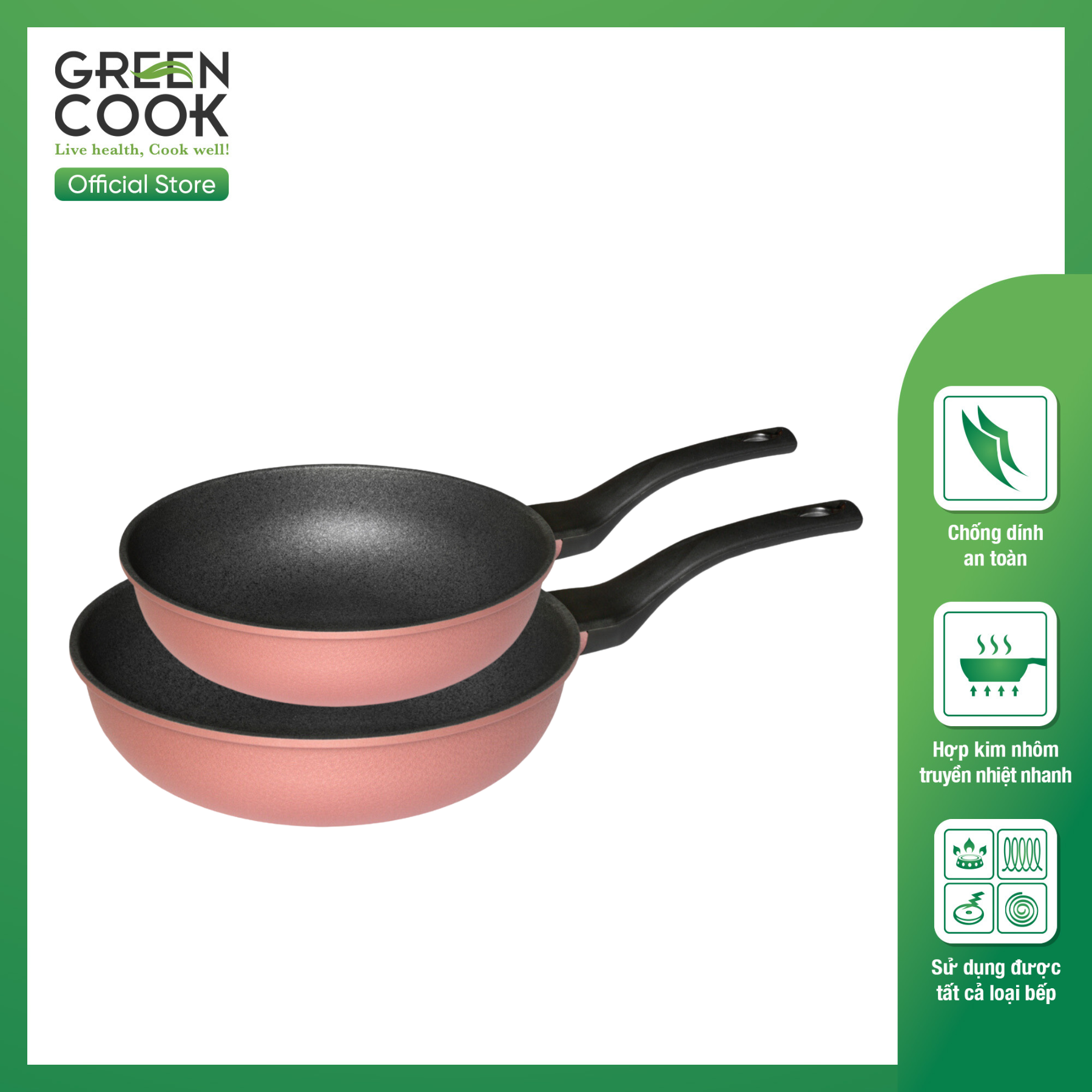 Combo 2 chảo đúc vân đá đáy từ sâu lòng Green Cook GCP05 công nghệ Hàn Quốc với 7 lớp chống dính - Hàng chính hãng greencook