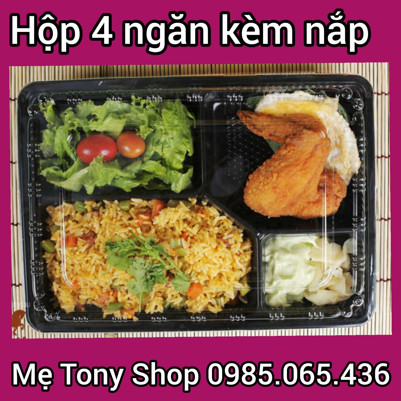 Sỉ 100 Hộp Nhựa Đựng Cơm 4 Ngăn Dùng 1 Lần HT25 (Màu Đen-Nắp Trong Suốt)