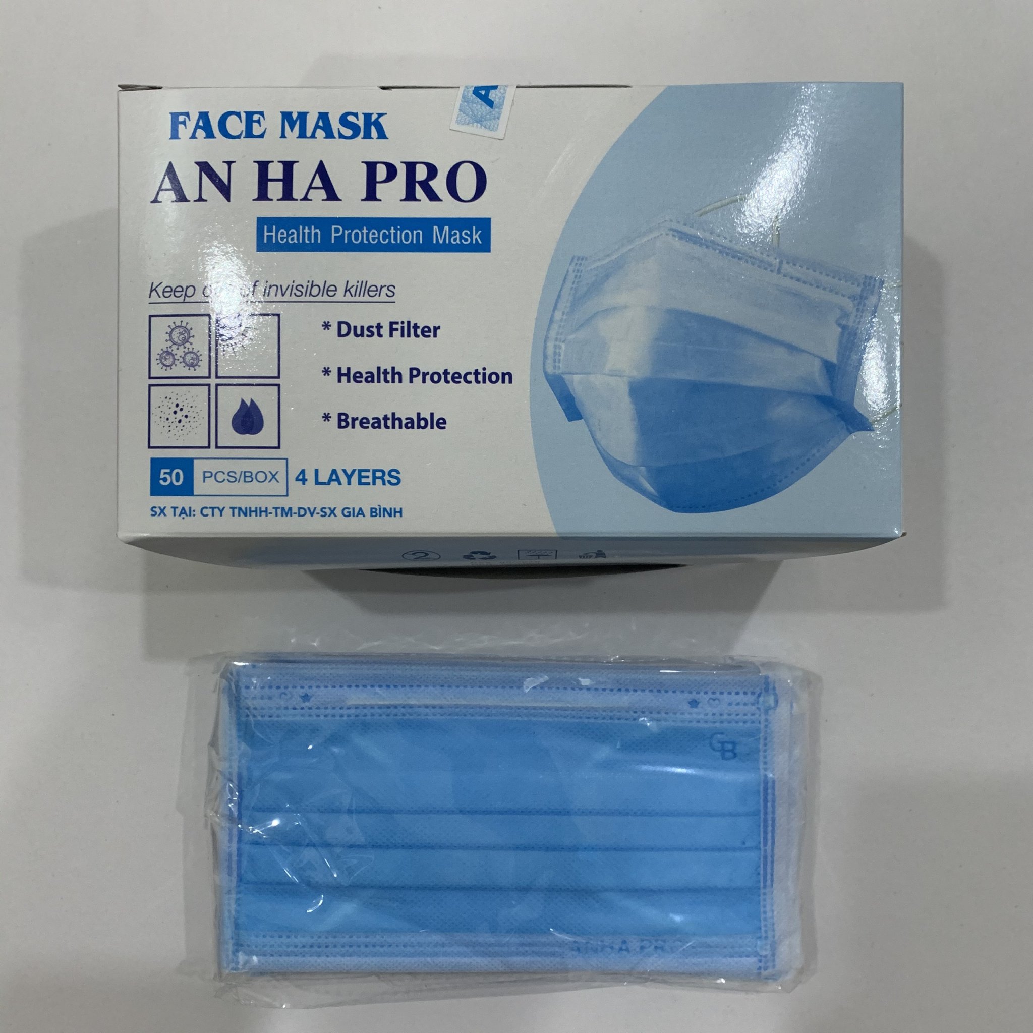 Combo 10 hộp an hạ pro màu xanh. 10x50= 500 cái khẩu trang 4 lớp vải không dệt dập logo