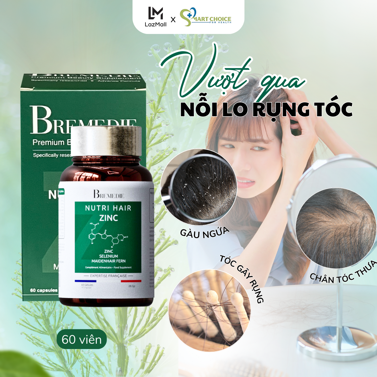 Viên uống giảm rụng tóc, kích thích mọc tóc Bremedie Nutri Hair Zinc hộp 60v, hỗ trợ điều trị hói, gàu nuôi dưỡng tóc chắc khỏe