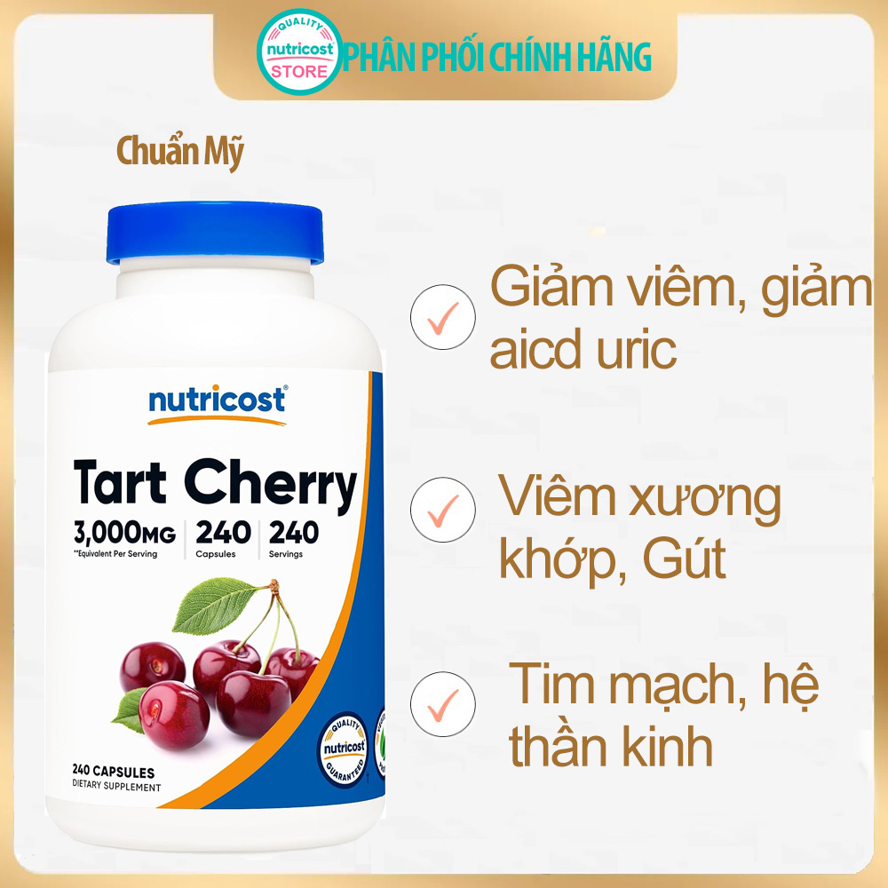 Viên uống Hỗ trợ Đào thải Gút Acid Uric Nutricost Tart Cherry 3000mg Cao
