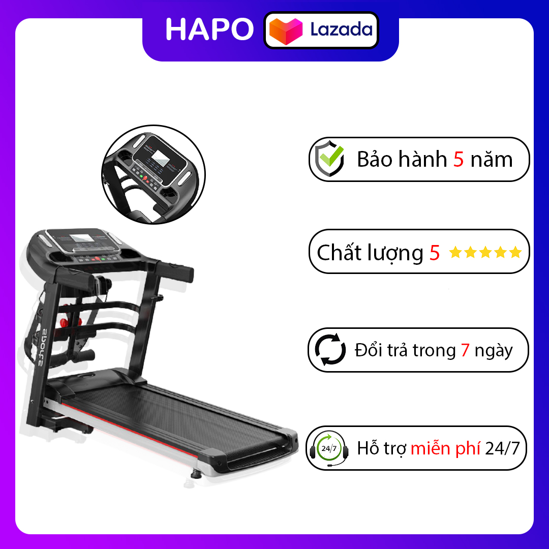 [ Máy chạy bộ ] may chay bộ đa năng Hapo sử dụng công nghệ tiêu chuẩn Mĩ,đa chức năng,tích hợp màn hình hiển thị đo nhịp tim và tốc độ và các thông số khác...