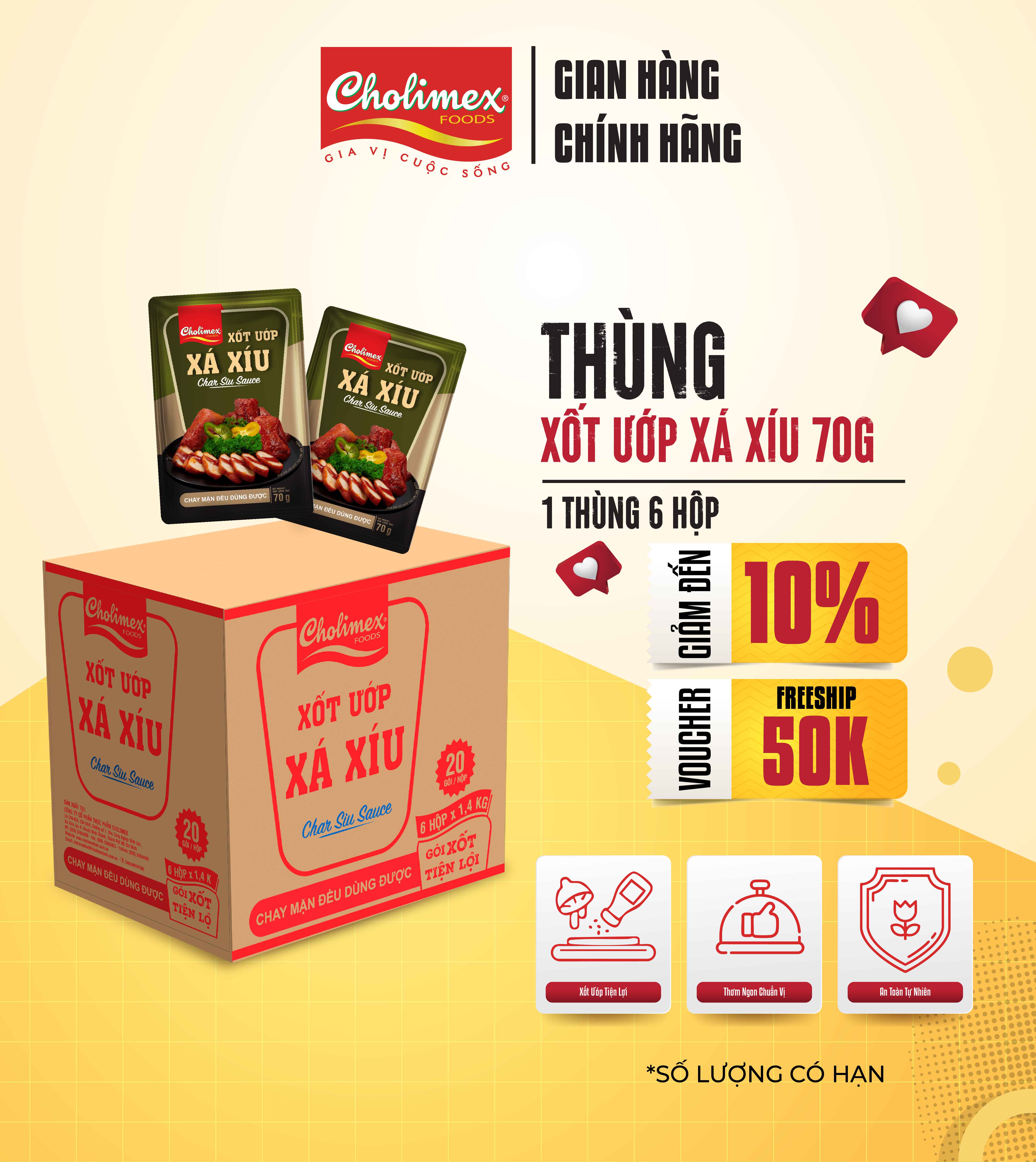 Thùng Xốt Ướp Xá Xíu Cholimex 70g ( 20 gói/hộp - 6 hộp/thùng ) Gia Vị Tẩm Ướp Chay Mặn Đều Dùng Được